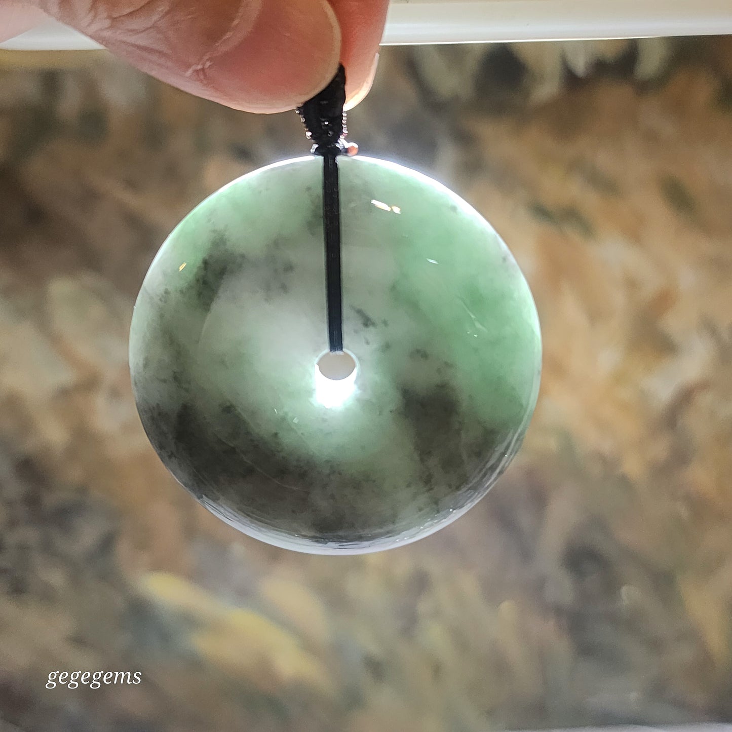 Rare 76 grams Type A Jadeite Burma Jade light blue green black fowl large Donut handheld pendant (with certificate) 罕见翡翠A货浅蓝绿乌鸡大平安扣吊坠手把(带证书)