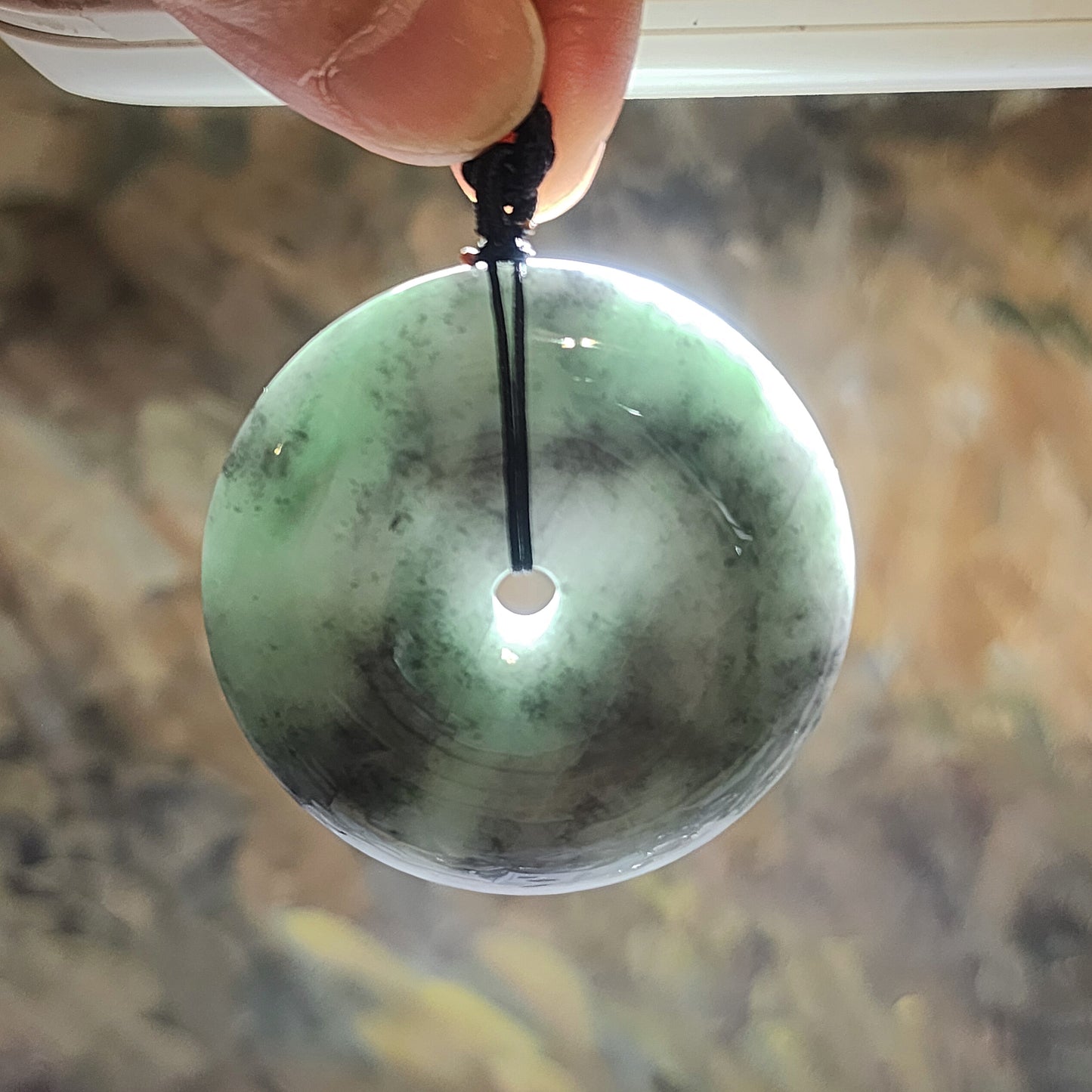Rare 76 grams Type A Jadeite Burma Jade light blue green black fowl large Donut handheld pendant (with certificate) 罕见翡翠A货浅蓝绿乌鸡大平安扣吊坠手把(带证书)