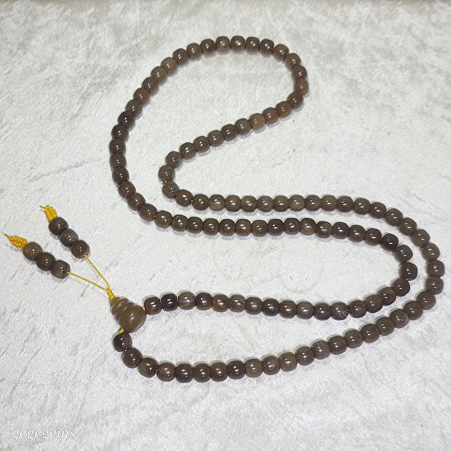 Gegegems 9.6mm premium Nephrite caramel brown traditional old style bead 108 mala necklace (with certificate) 精品且末糖老型珠念珠项链(带证书)