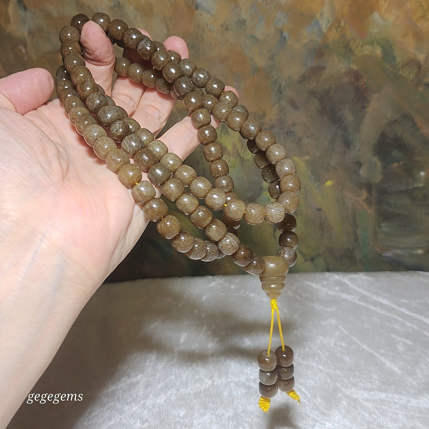 Gegegems 9.6mm premium Nephrite caramel brown traditional old style bead 108 mala necklace (with certificate) 精品且末糖老型珠念珠项链(带证书)