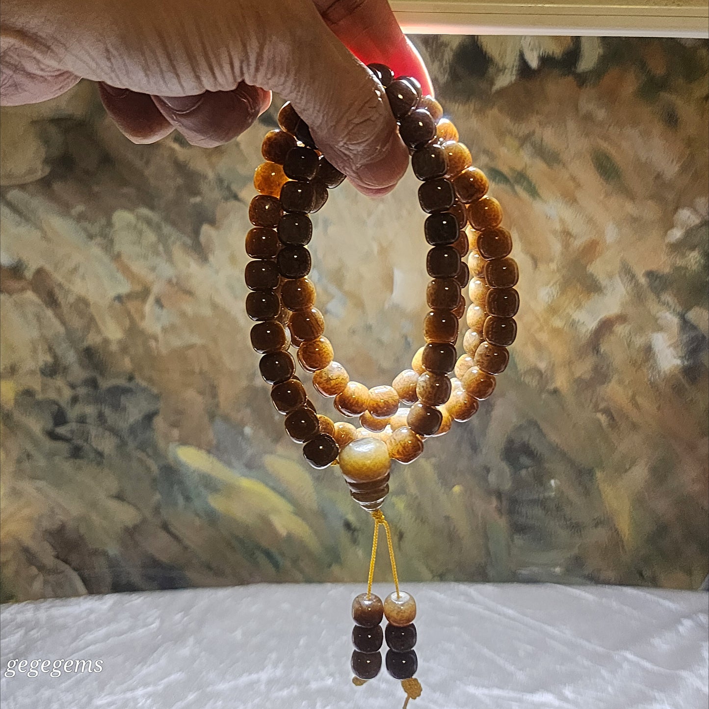 Gegegems 9.6mm premium Nephrite caramel brown traditional old style bead 108 mala necklace (with certificate) 精品且末糖老型珠念珠项链(带证书)