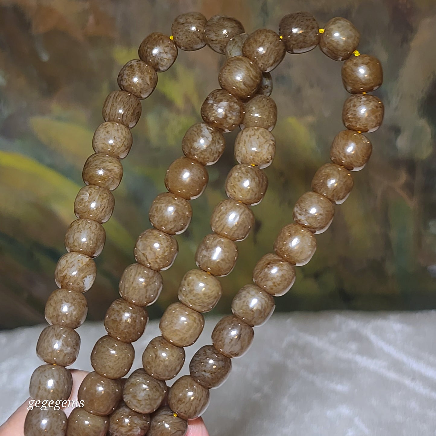 Gegegems 9.6mm premium Nephrite caramel brown traditional old style bead 108 mala necklace (with certificate) 精品且末糖老型珠念珠项链(带证书)