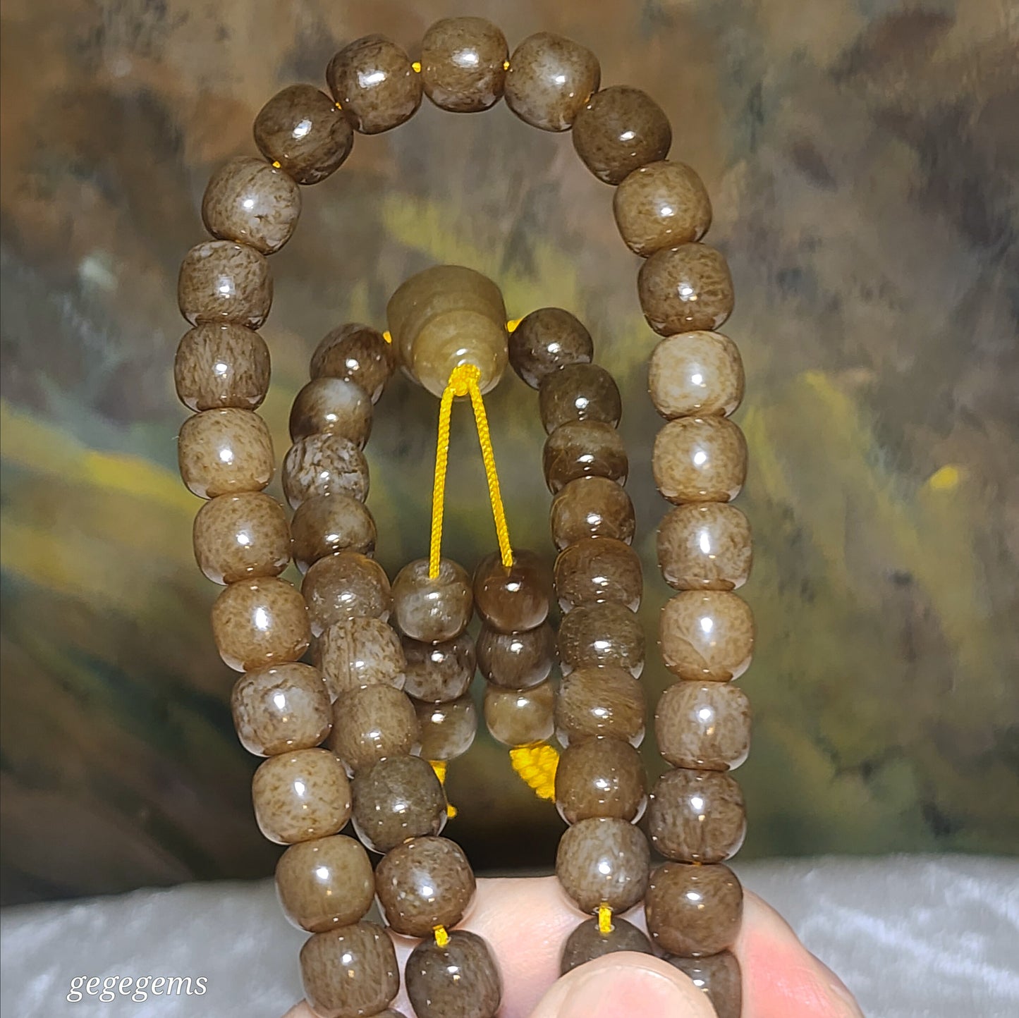 Gegegems 9.6mm premium Nephrite caramel brown traditional old style bead 108 mala necklace (with certificate) 精品且末糖老型珠念珠项链(带证书)