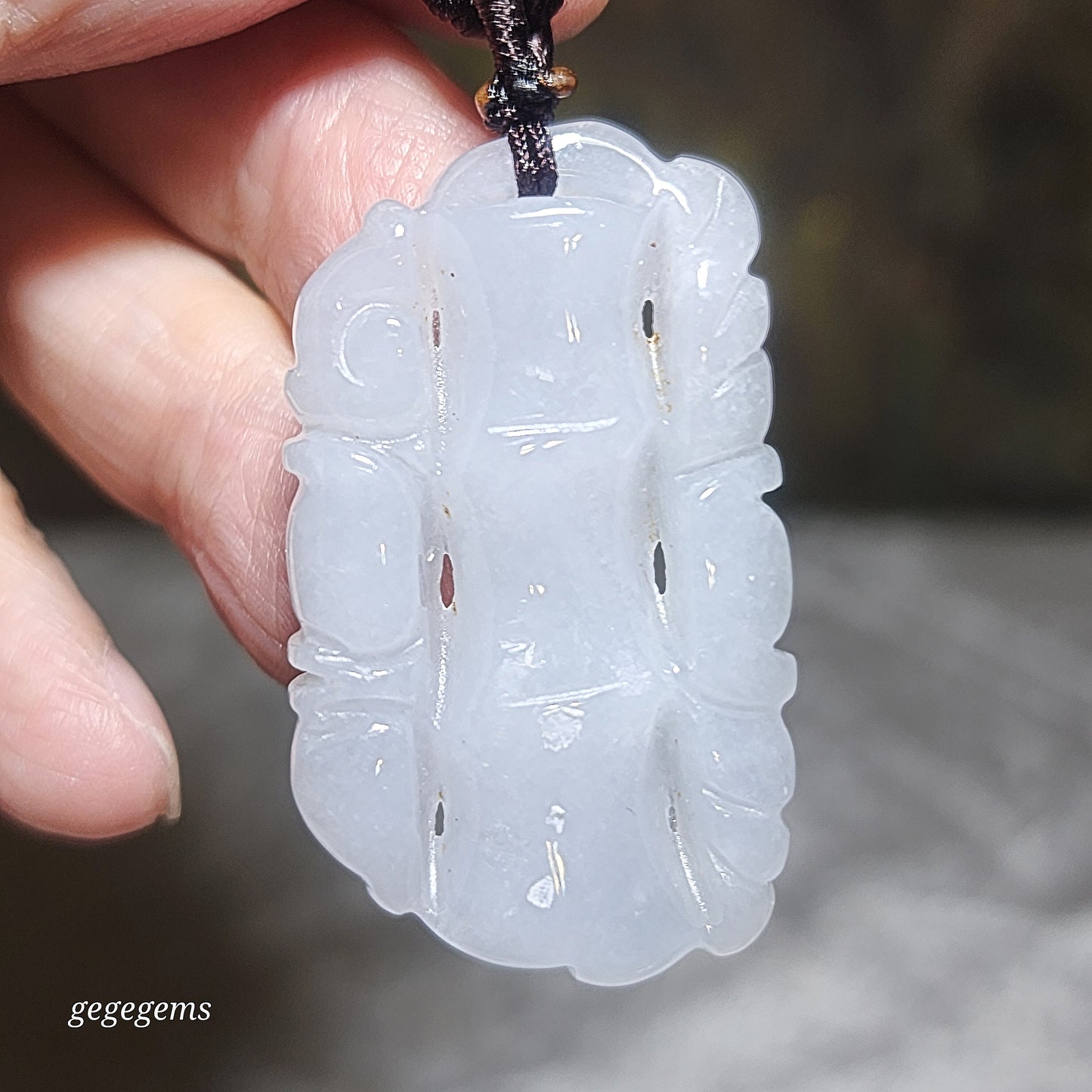 Burma Jade Type A Jadeite light lavender both sides carvings Bamboo & Bat pendant (with certificate) 翡翠淡紫双面雕刻祝福(竹、蝙蝠)吊坠(带证书) 竹报平安 节节高升