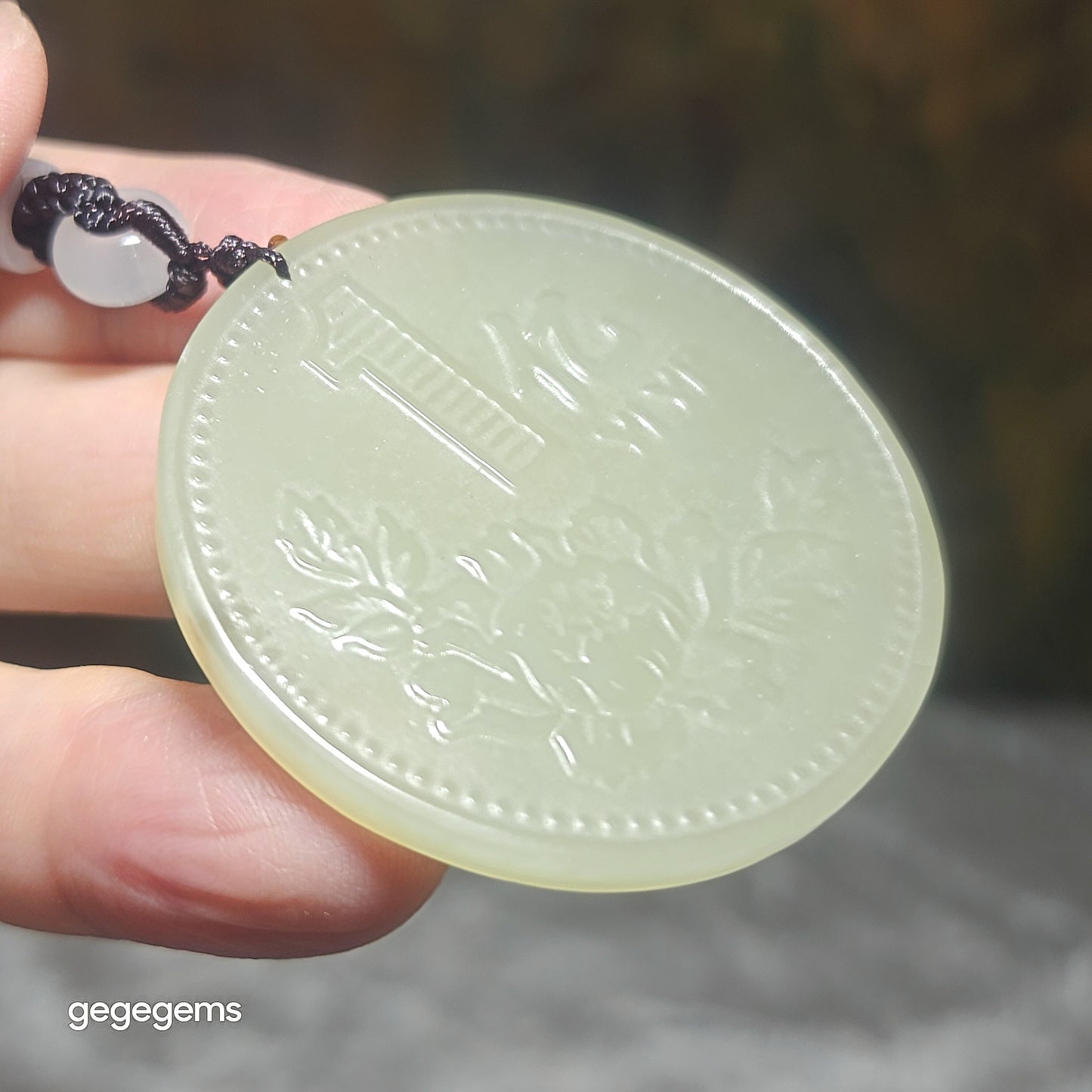 Premium Nephrite light green with a bit of smoky purple Hundred Million Lucky Charm Jade pendant (with certificate) 优质和田玉青白带小许烟紫一亿幸运符吊坠(带证书)