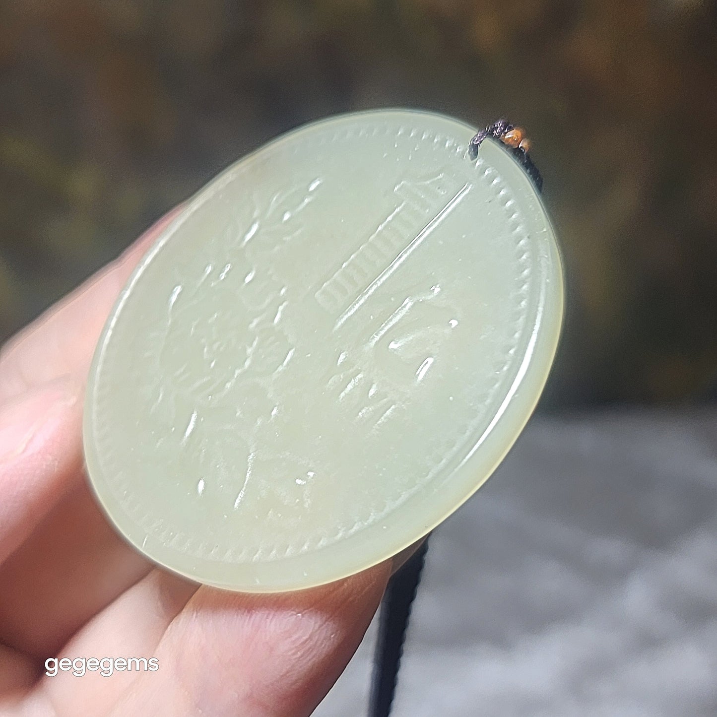 Premium Nephrite light green with a bit of smoky purple Hundred Million Lucky Charm Jade pendant (with certificate) 优质和田玉青白带小许烟紫一亿幸运符吊坠(带证书)