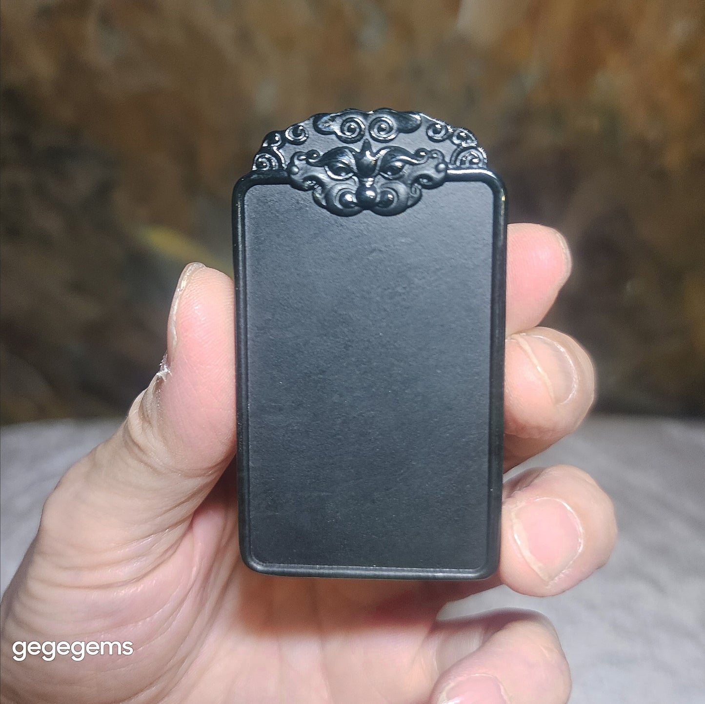 68 grams Nephrite Wu Shi Pai pendant deep green carved Pi Xiu on both side top edge (with certificate, feee necklace cord) 和田玉塔青深青玉无事牌吊坠双面雕刻貔貅牌头(带证书送项链绳)
