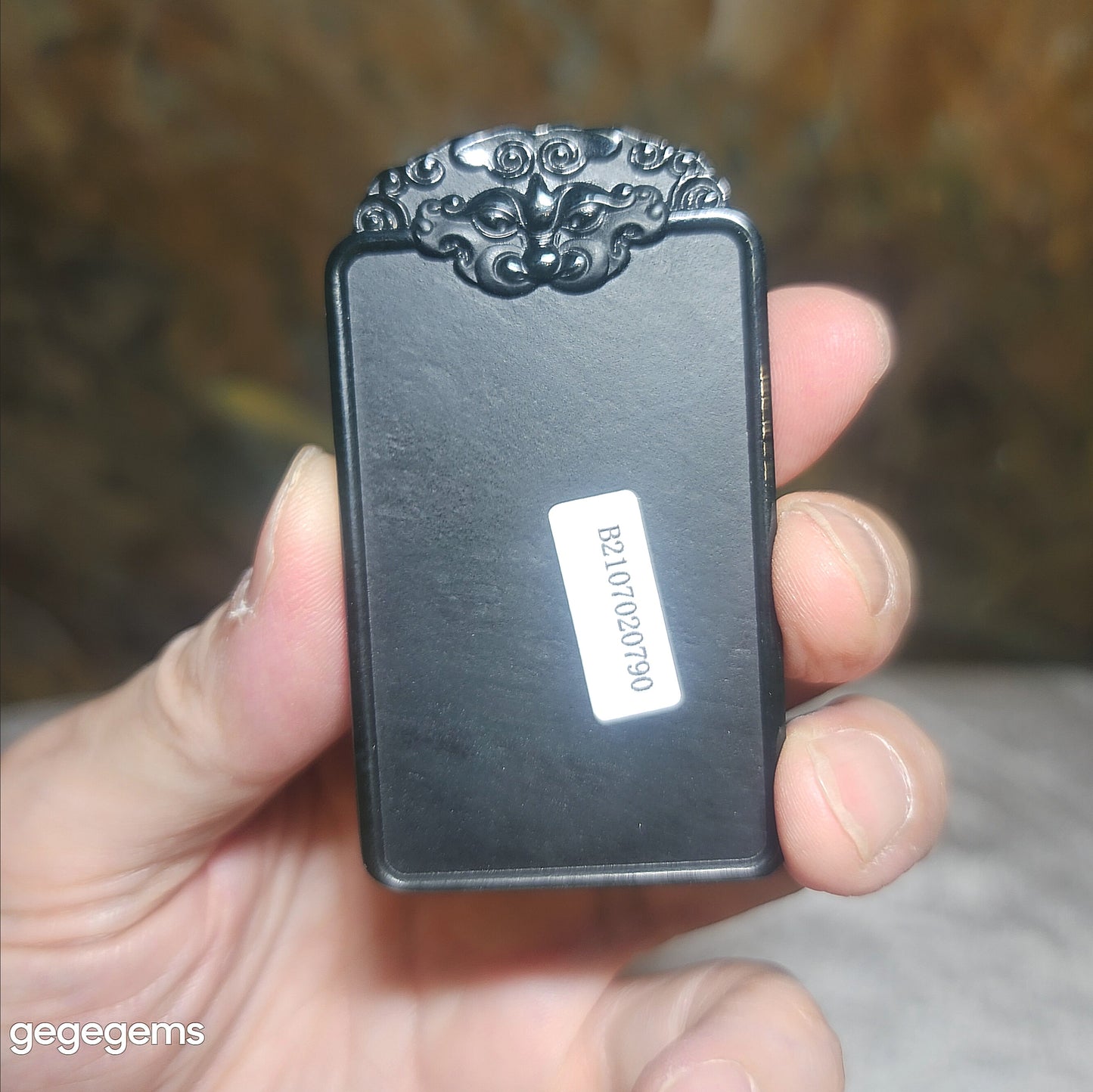 68 grams Nephrite Wu Shi Pai pendant deep green carved Pi Xiu on both side top edge (with certificate, feee necklace cord) 和田玉塔青深青玉无事牌吊坠双面雕刻貔貅牌头(带证书送项链绳)
