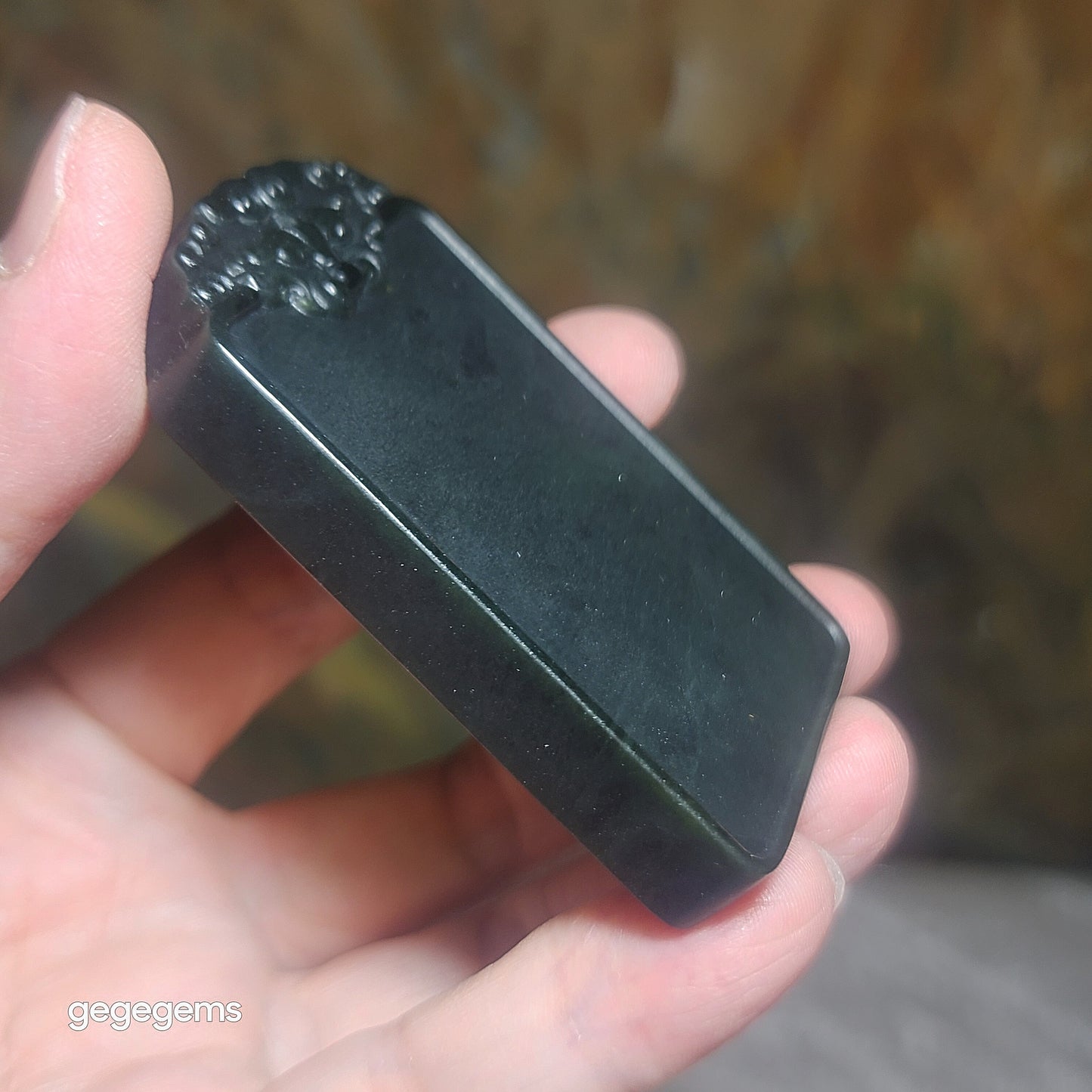 68 grams Nephrite Wu Shi Pai pendant deep green carved Pi Xiu on both side top edge (with certificate, feee necklace cord) 和田玉塔青深青玉无事牌吊坠双面雕刻貔貅牌头(带证书送项链绳)