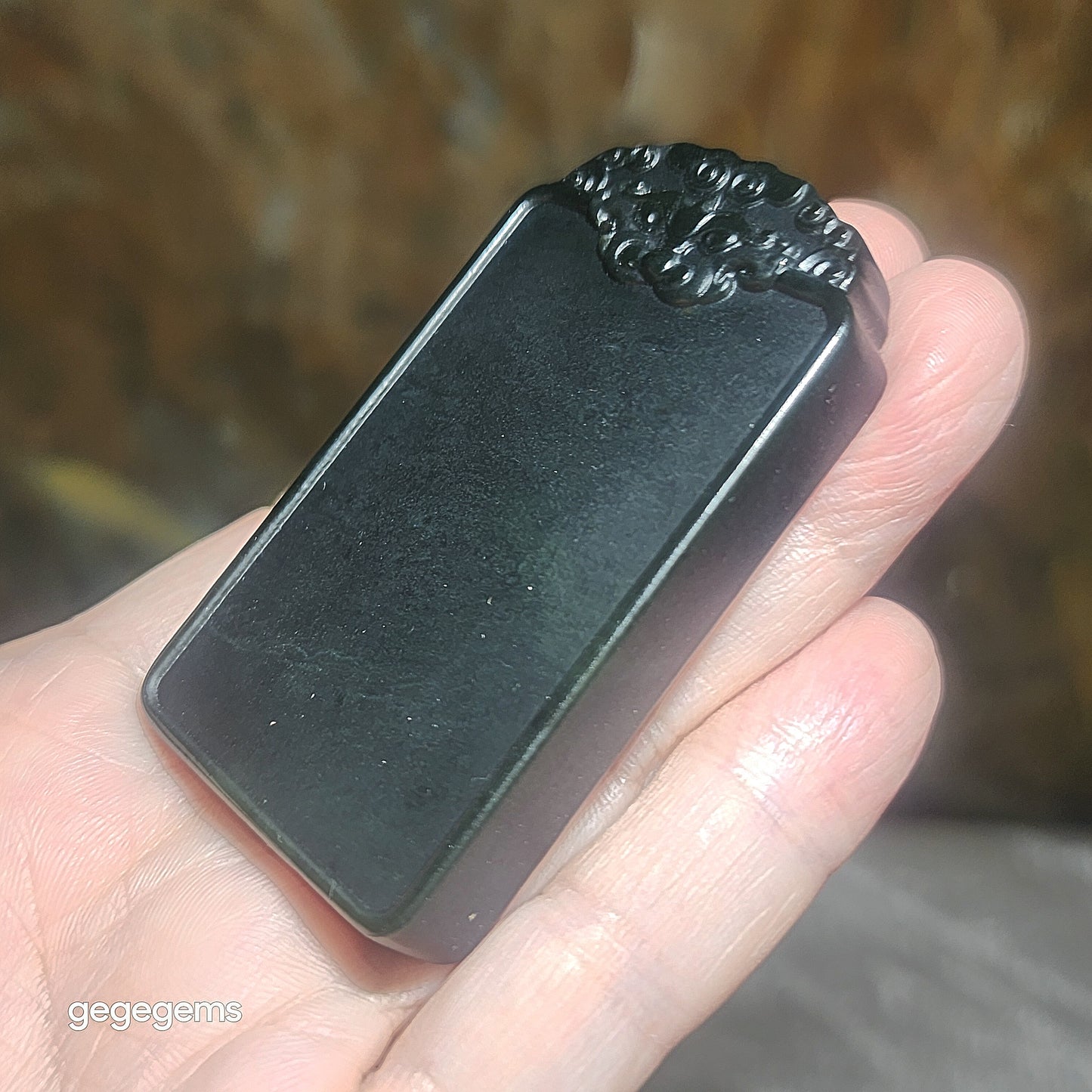 68 grams Nephrite Wu Shi Pai pendant deep green carved Pi Xiu on both side top edge (with certificate, feee necklace cord) 和田玉塔青深青玉无事牌吊坠双面雕刻貔貅牌头(带证书送项链绳)