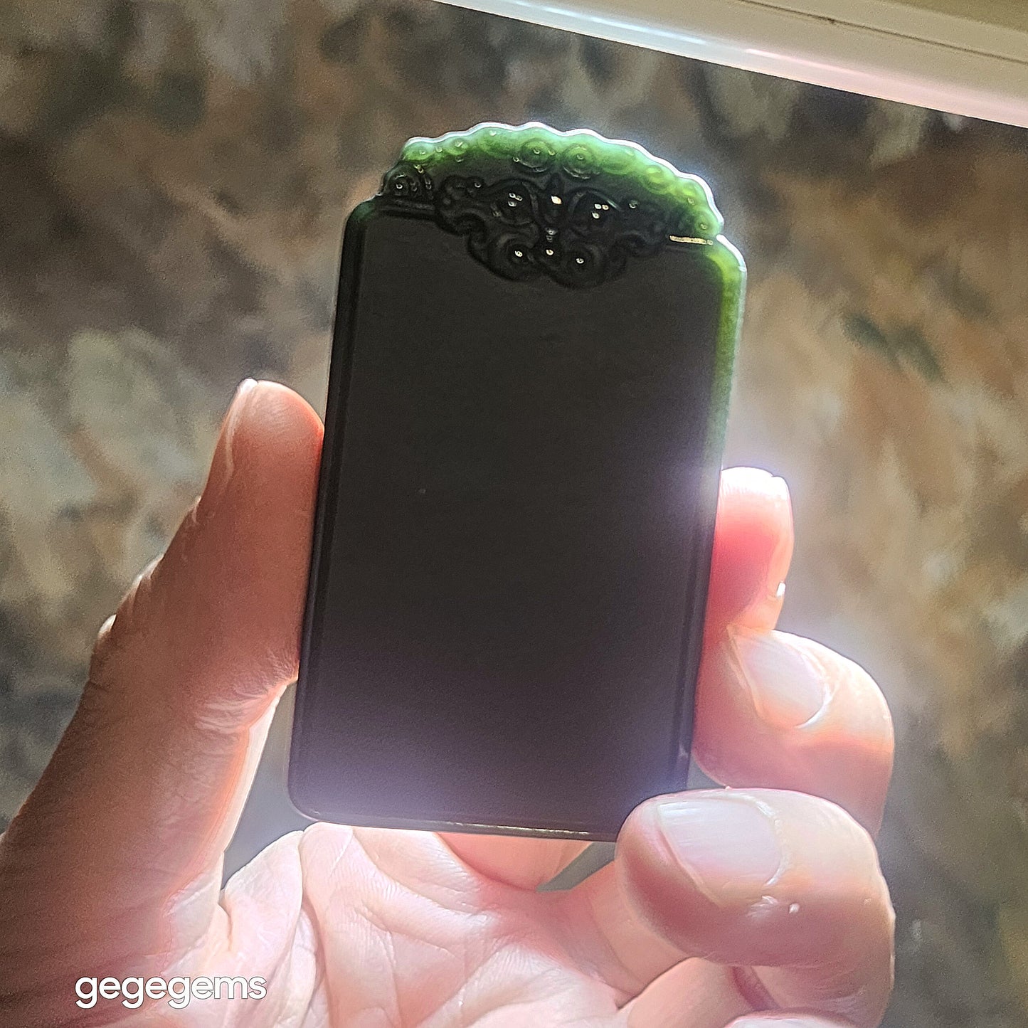 68 grams Nephrite Wu Shi Pai pendant deep green carved Pi Xiu on both side top edge (with certificate, feee necklace cord) 和田玉塔青深青玉无事牌吊坠双面雕刻貔貅牌头(带证书送项链绳)
