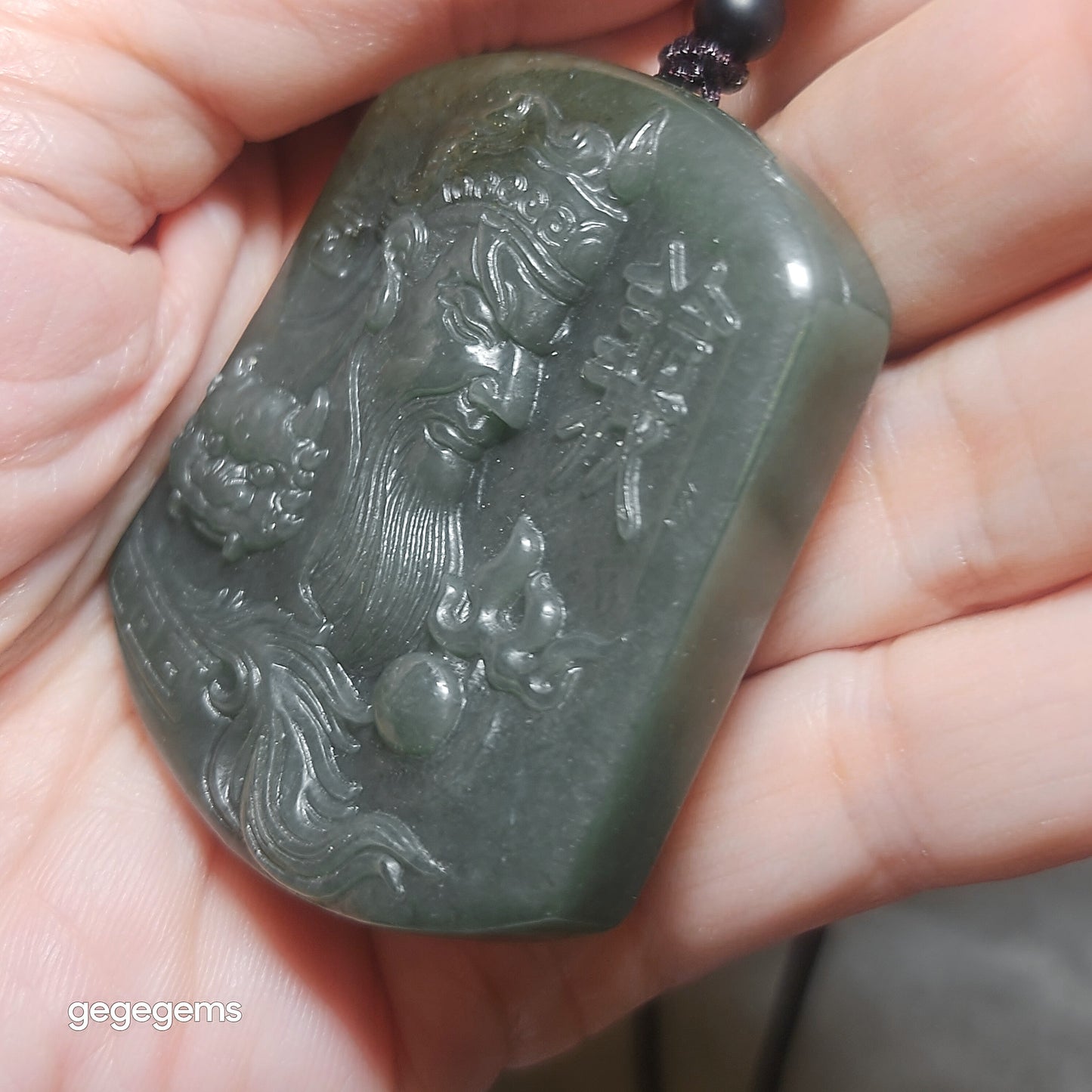 Premium Nephrite light blue green caramel brown Guan Gong (Guan Yu) Pi Xiu Good Luck pendant (with certificate) 优质和田玉且末糖浅绿蓝调关公(关羽)貔貅多福吊坠(带证书)