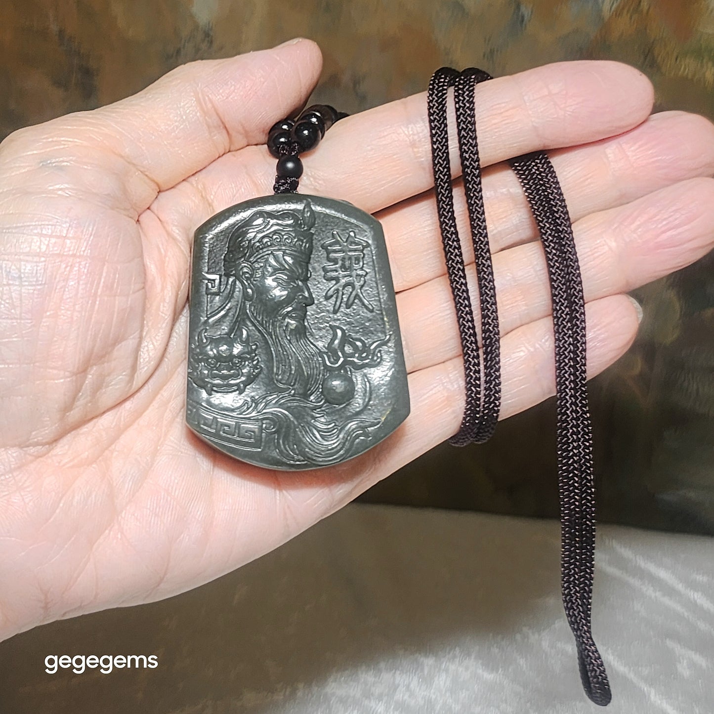 Premium Nephrite light blue green caramel brown Guan Gong (Guan Yu) Pi Xiu Good Luck pendant (with certificate) 优质和田玉且末糖浅绿蓝调关公(关羽)貔貅多福吊坠(带证书)