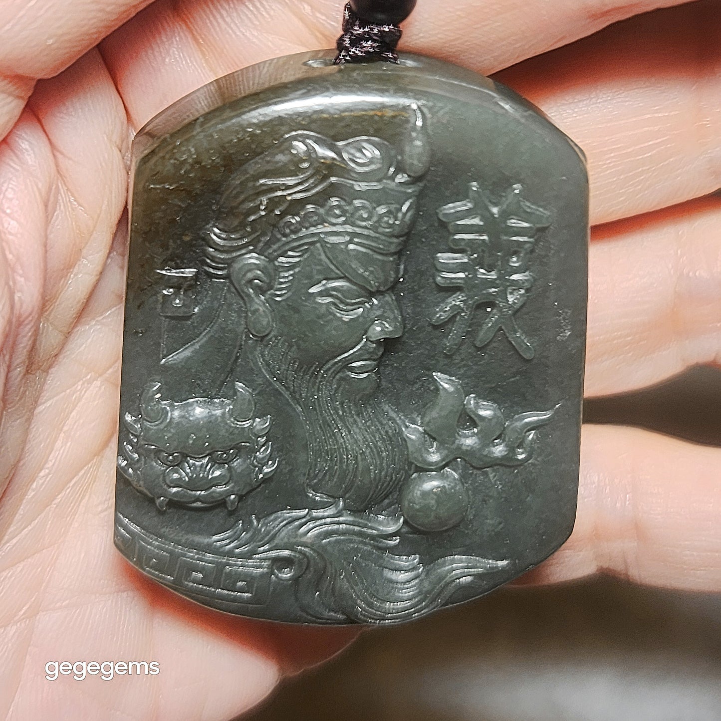 Premium Nephrite light blue green caramel brown Guan Gong (Guan Yu) Pi Xiu Good Luck pendant (with certificate) 优质和田玉且末糖浅绿蓝调关公(关羽)貔貅多福吊坠(带证书)
