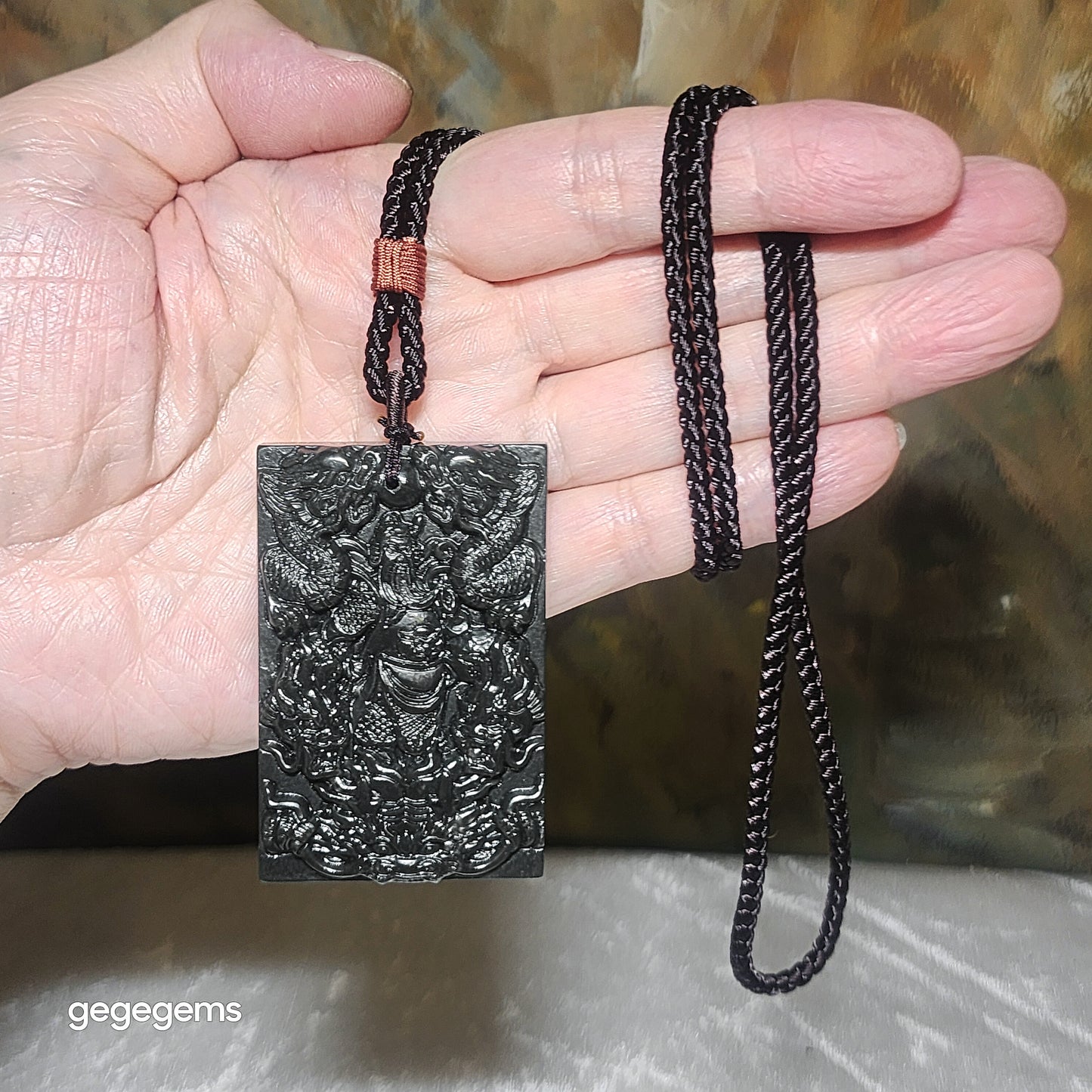 Natural deep green Nephrite Guan Gong (Guan Yu) & 9 Dragons (5 in front, 4 behind) Jade pendant (with certificate) 和田玉深绿关公九龙(前五后四)吊坠(带证书)