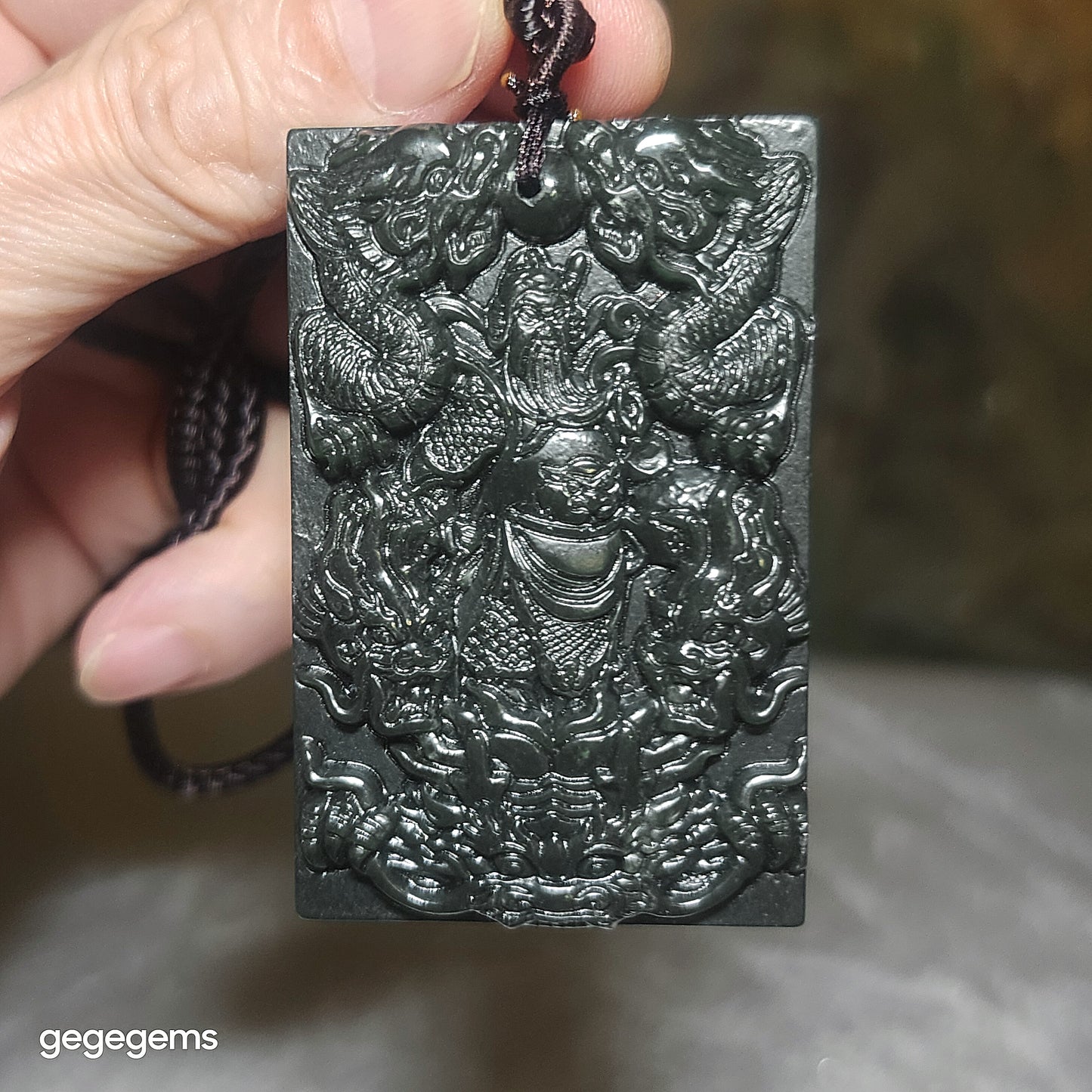 Natural deep green Nephrite Guan Gong (Guan Yu) & 9 Dragons (5 in front, 4 behind) Jade pendant (with certificate) 和田玉深绿关公九龙(前五后四)吊坠(带证书)