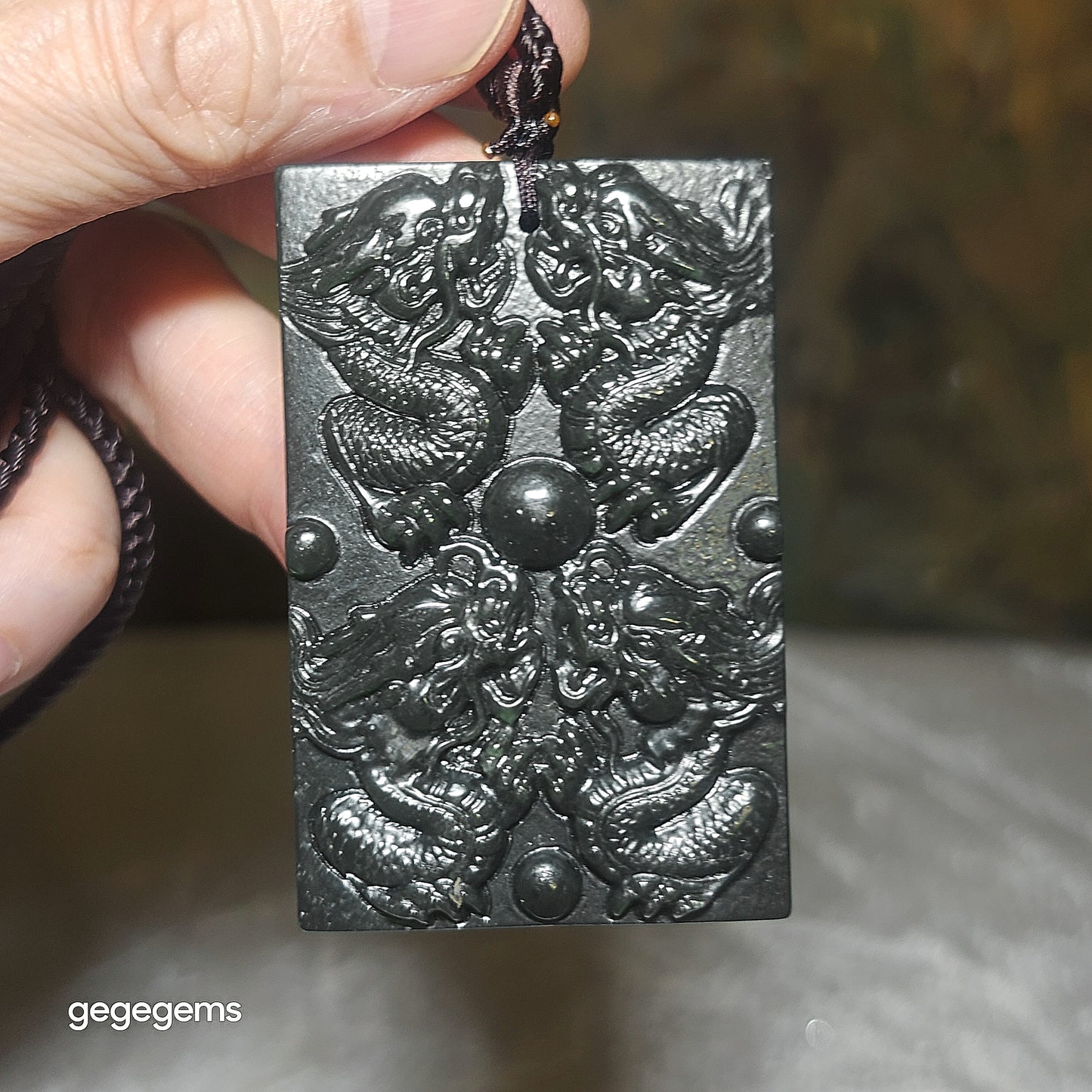 Natural deep green Nephrite Guan Gong (Guan Yu) & 9 Dragons (5 in front, 4 behind) Jade pendant (with certificate) 和田玉深绿关公九龙(前五后四)吊坠(带证书)