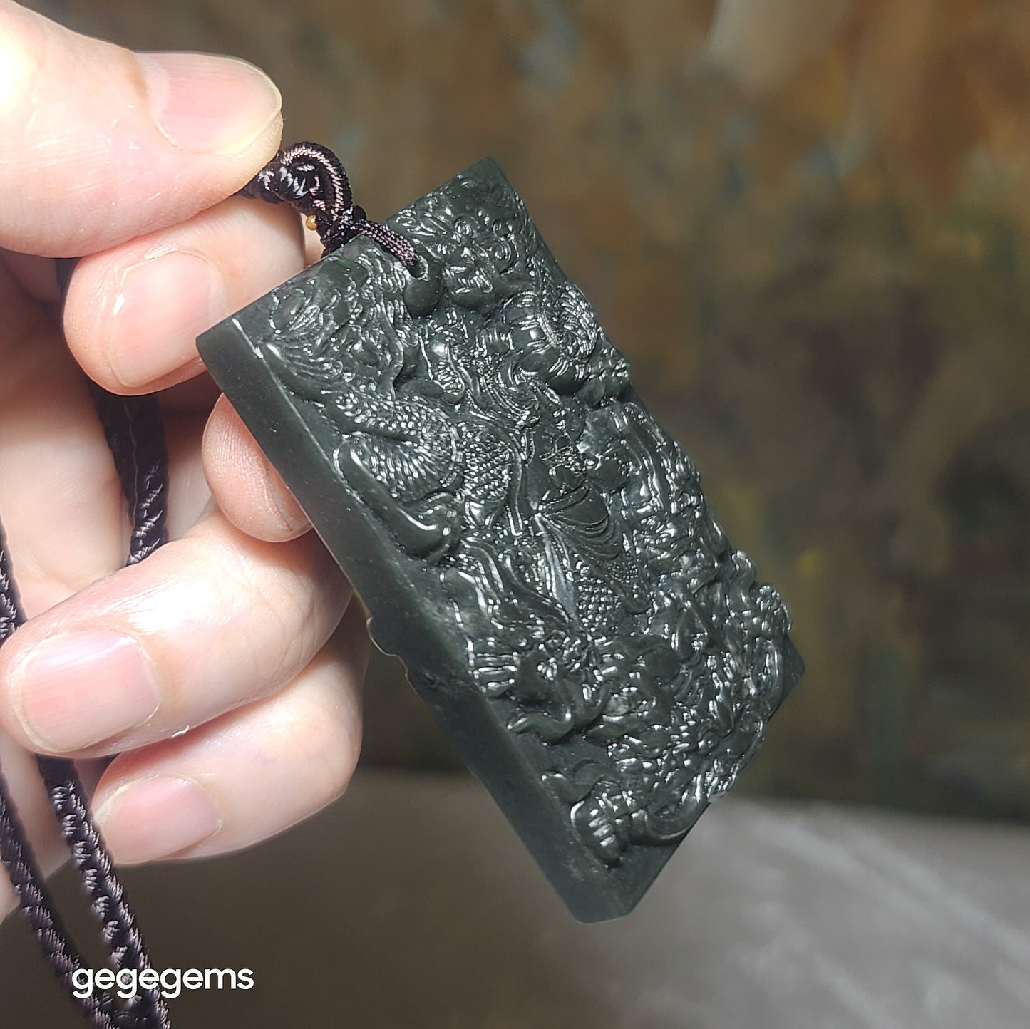 Natural deep green Nephrite Guan Gong (Guan Yu) & 9 Dragons (5 in front, 4 behind) Jade pendant (with certificate) 和田玉深绿关公九龙(前五后四)吊坠(带证书)