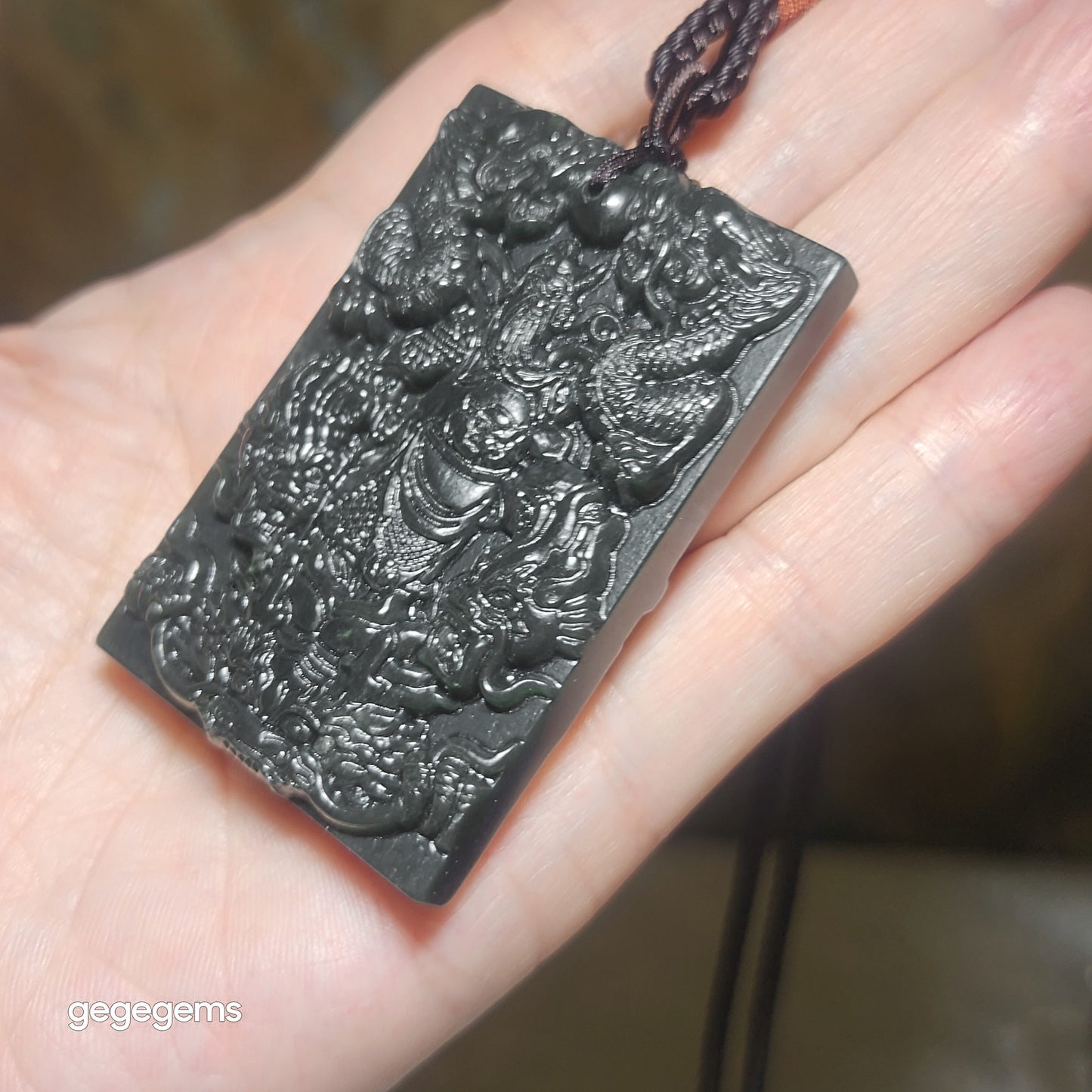 Natural deep green Nephrite Guan Gong (Guan Yu) & 9 Dragons (5 in front, 4 behind) Jade pendant (with certificate) 和田玉深绿关公九龙(前五后四)吊坠(带证书)