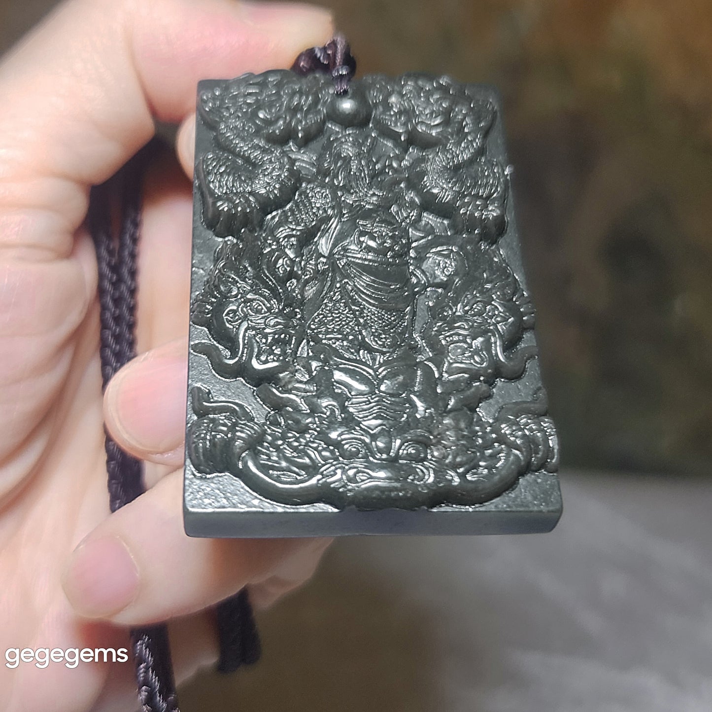 Natural deep green Nephrite Guan Gong (Guan Yu) & 9 Dragons (5 in front, 4 behind) Jade pendant (with certificate) 和田玉深绿关公九龙(前五后四)吊坠(带证书)