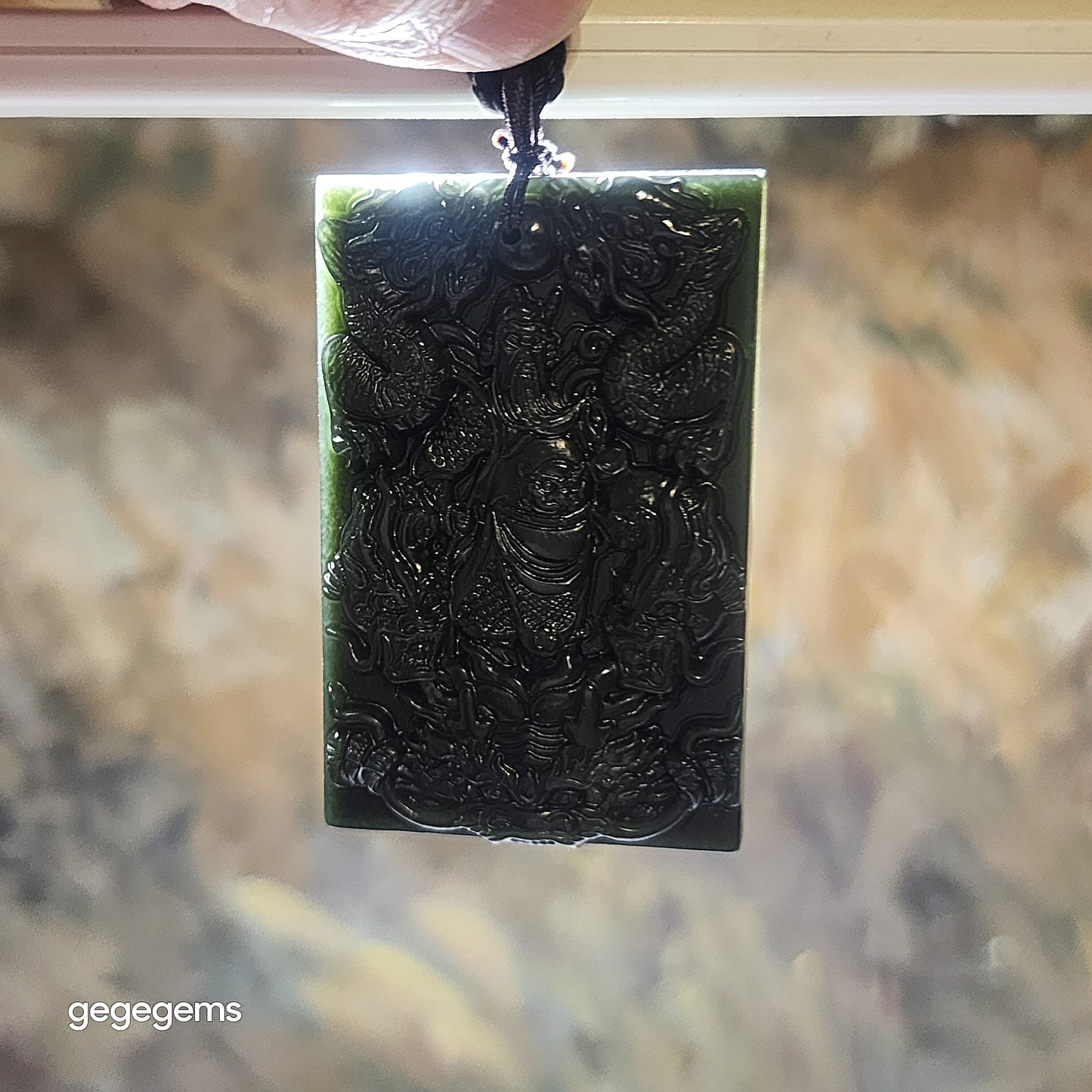 Natural deep green Nephrite Guan Gong (Guan Yu) & 9 Dragons (5 in front, 4 behind) Jade pendant (with certificate) 和田玉深绿关公九龙(前五后四)吊坠(带证书)