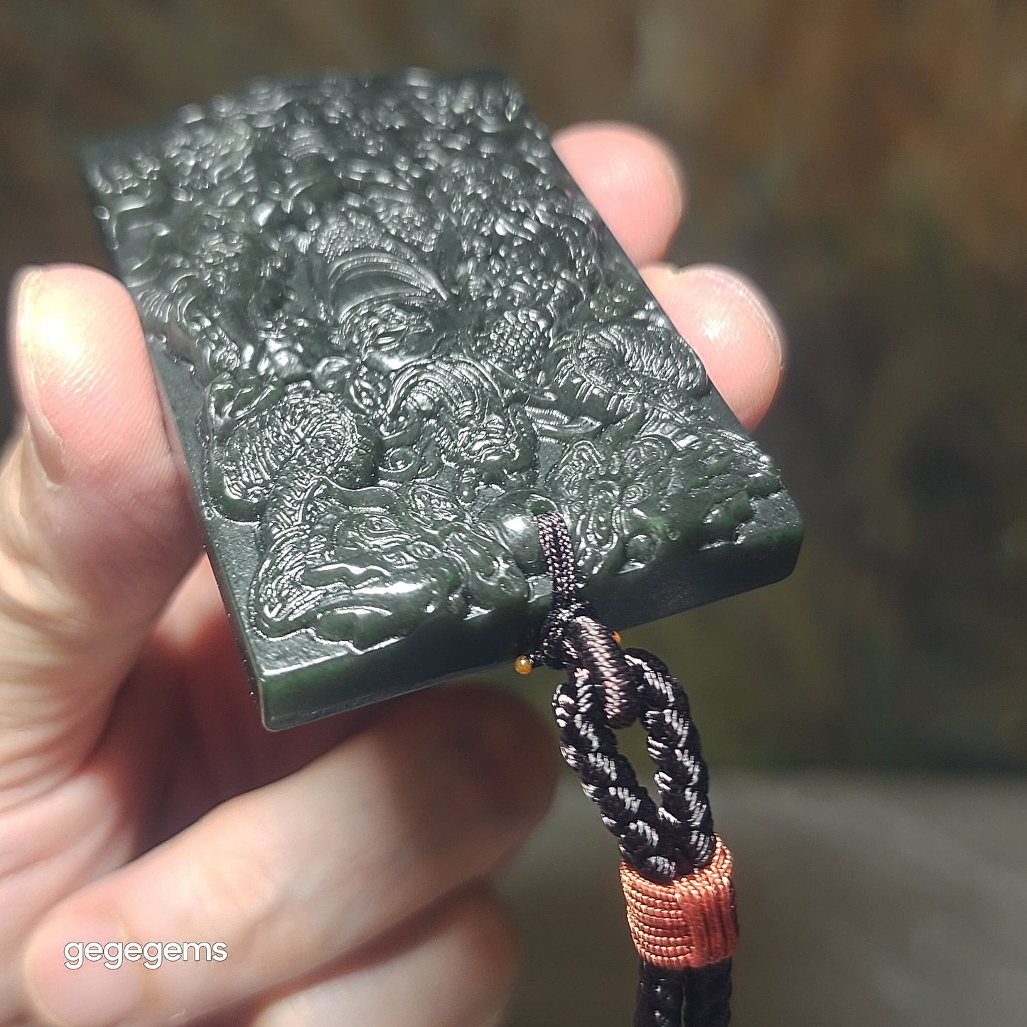 Natural deep green Nephrite Guan Gong (Guan Yu) & 9 Dragons (5 in front, 4 behind) Jade pendant (with certificate) 和田玉深绿关公九龙(前五后四)吊坠(带证书)
