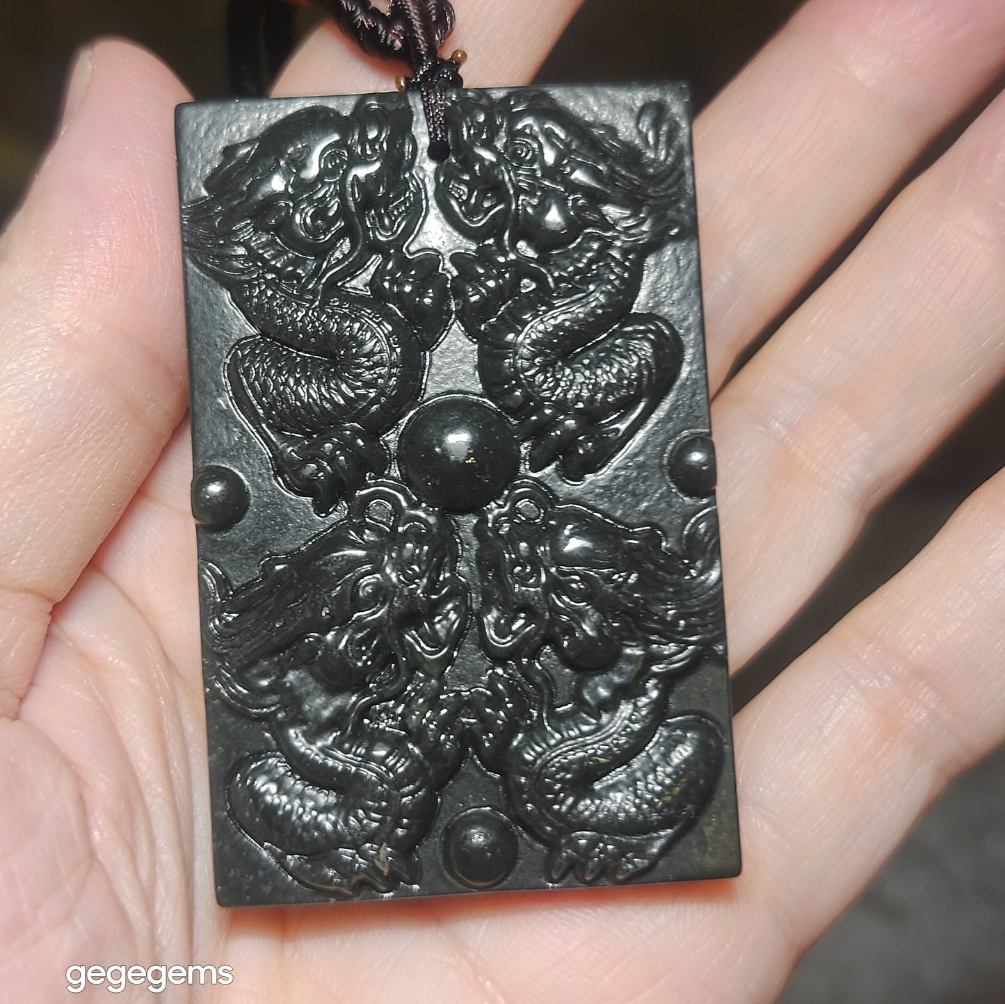 Natural deep green Nephrite Guan Gong (Guan Yu) & 9 Dragons (5 in front, 4 behind) Jade pendant (with certificate) 和田玉深绿关公九龙(前五后四)吊坠(带证书)
