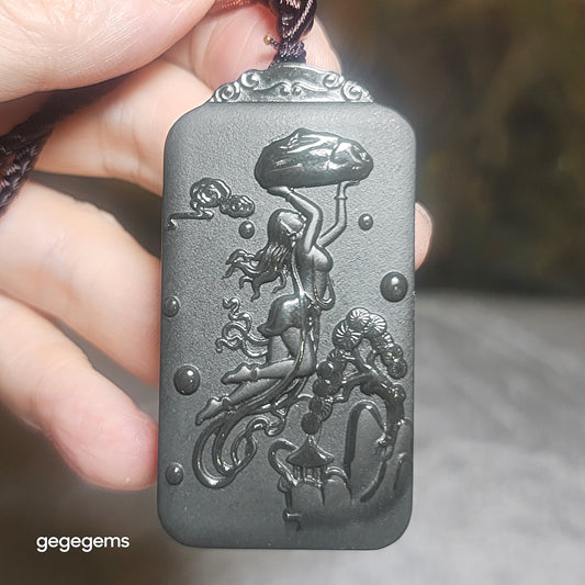 Gegegems Collection deep green Nephrite Nuwa Mending the Sky Jade pendant (with certificate) 精品和田玉深绿女娲补天吊坠(带证书)
