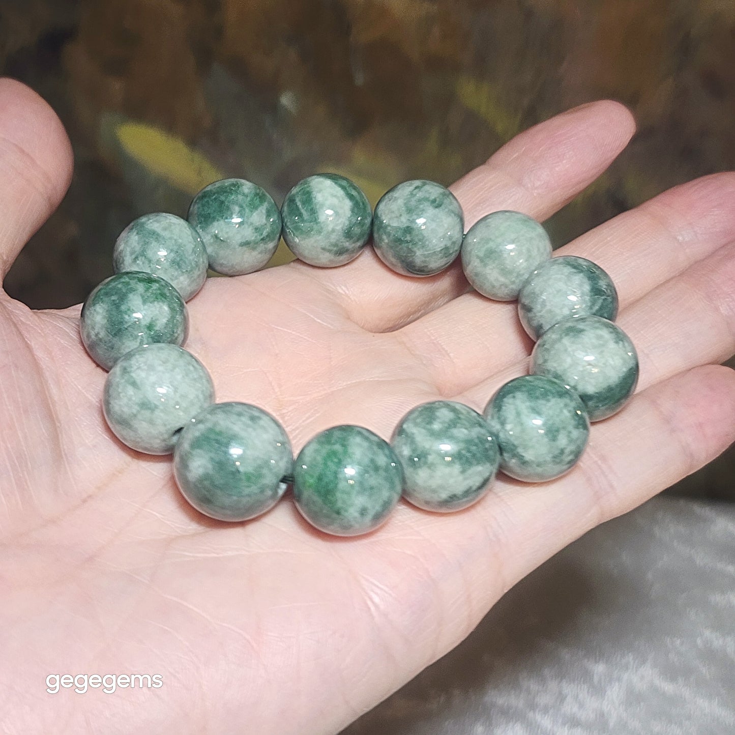 [Reserved C] 16mm Natural untreated Type A Jadeite light green "floating flowers" Jade bracelet (with certificate) 翡翠浅青绿飘花手链(带证书) #2