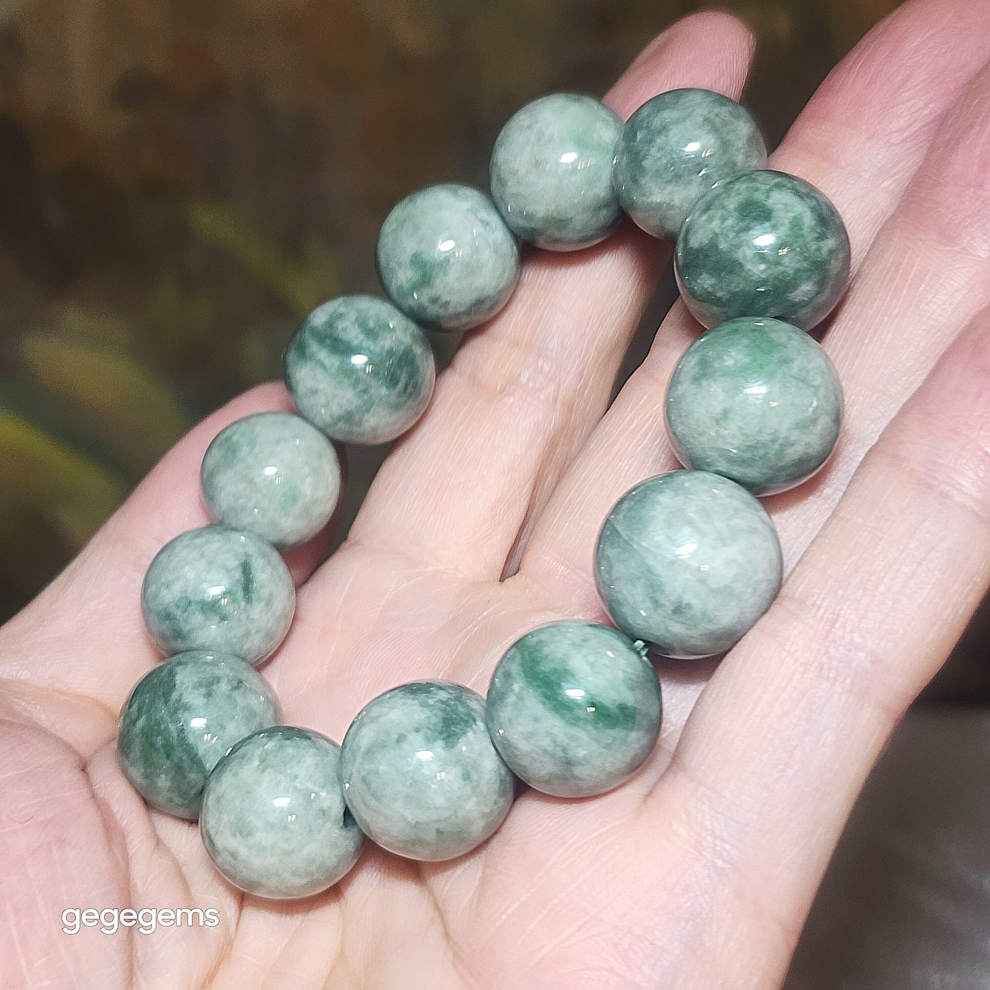 [Reserved C] 16mm Natural untreated Type A Jadeite light green "floating flowers" Jade bracelet (with certificate) 翡翠浅青绿飘花手链(带证书) #2