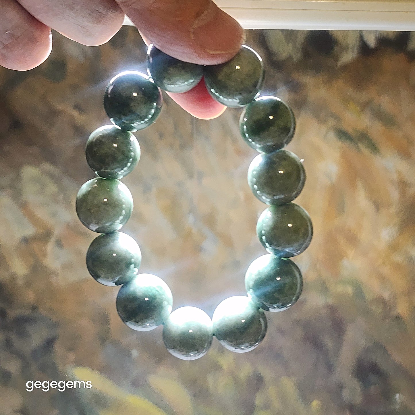[Reserved C] 16mm Natural untreated Type A Jadeite light green "floating flowers" Jade bracelet (with certificate) 翡翠浅青绿飘花手链(带证书) #2