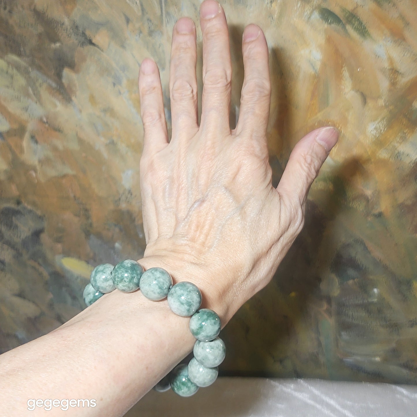 [Reserved C] 16mm Natural untreated Type A Jadeite light green "floating flowers" Jade bracelet (with certificate) 翡翠浅青绿飘花手链(带证书) #2