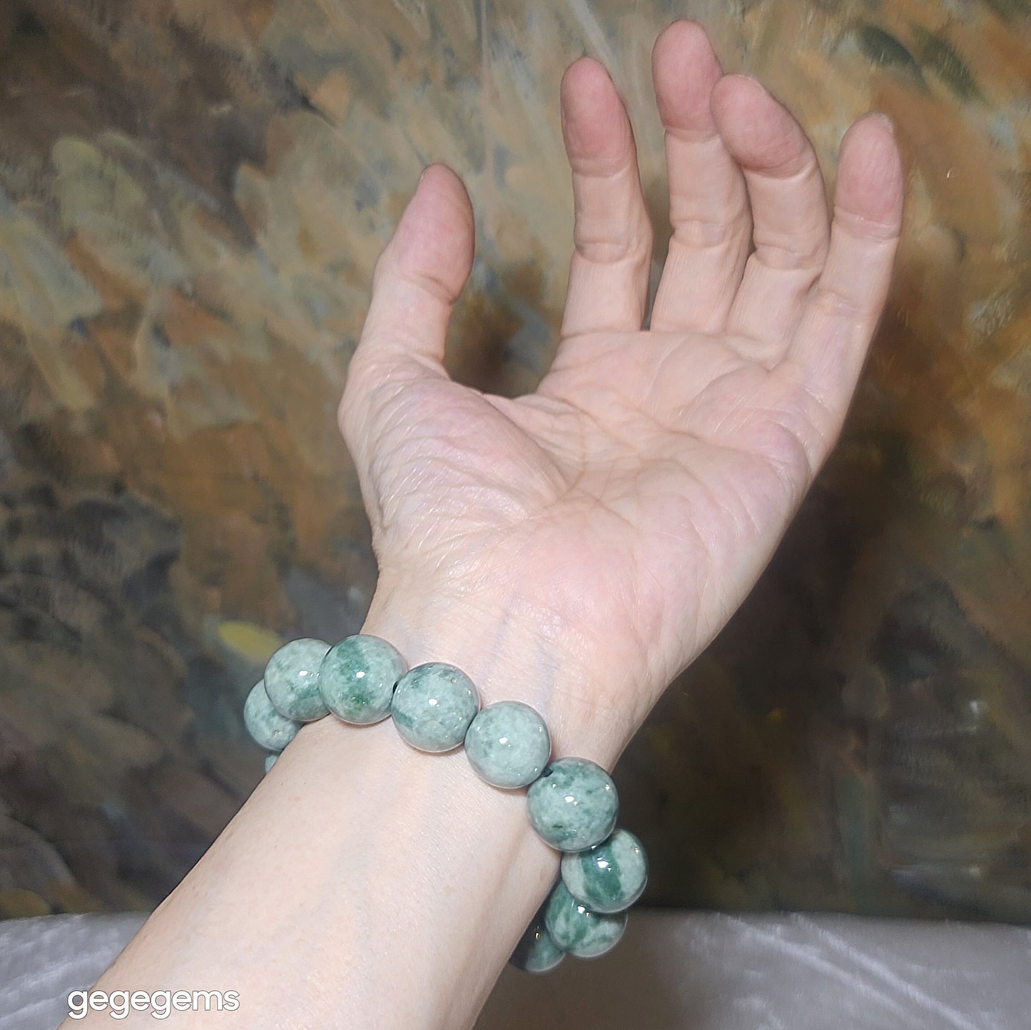[Reserved C] 16mm Natural untreated Type A Jadeite light green "floating flowers" Jade bracelet (with certificate) 翡翠浅青绿飘花手链(带证书) #2