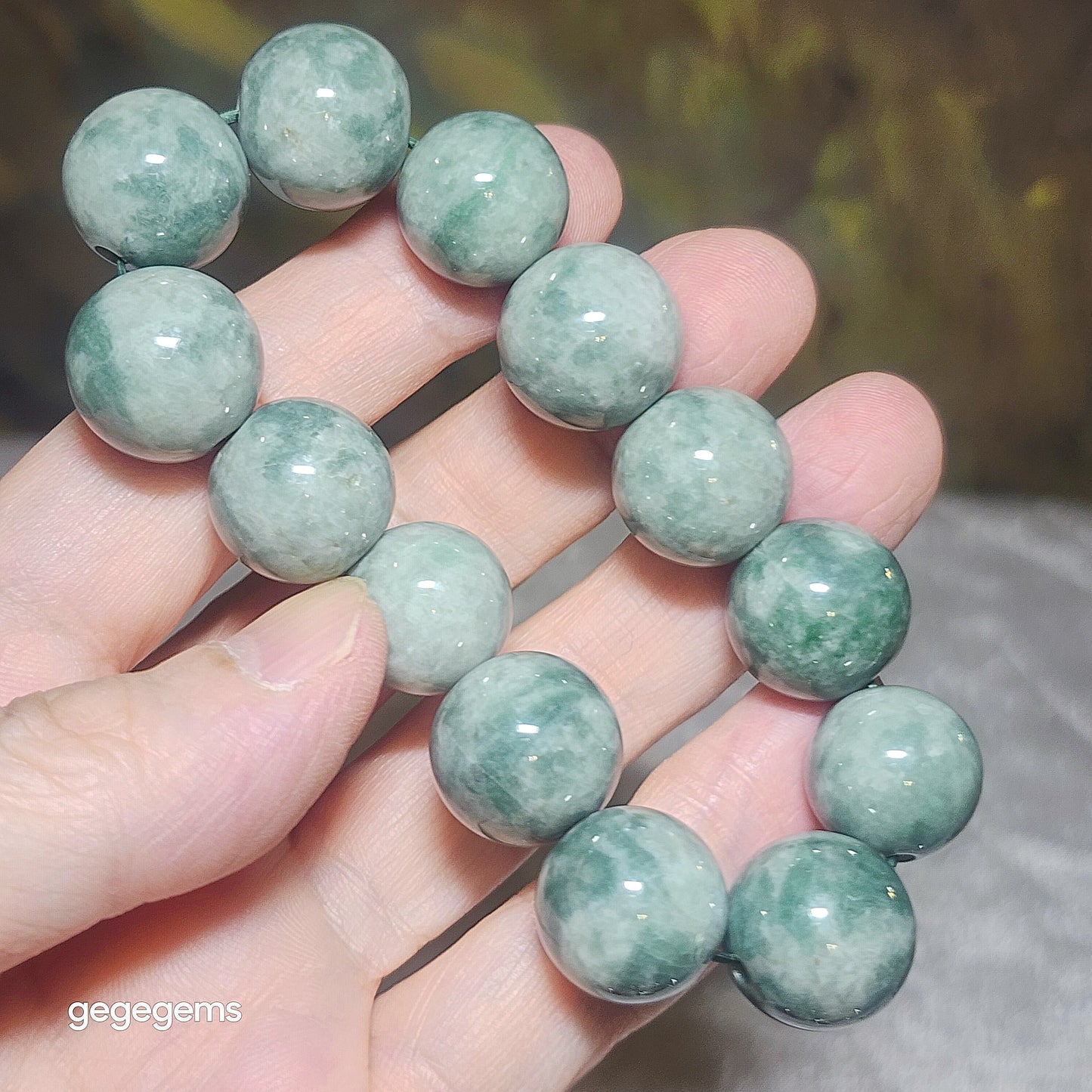 [Reserved C] 16mm Natural untreated Type A Jadeite light green "floating flowers" Jade bracelet (with certificate) 翡翠浅青绿飘花手链(带证书) #2