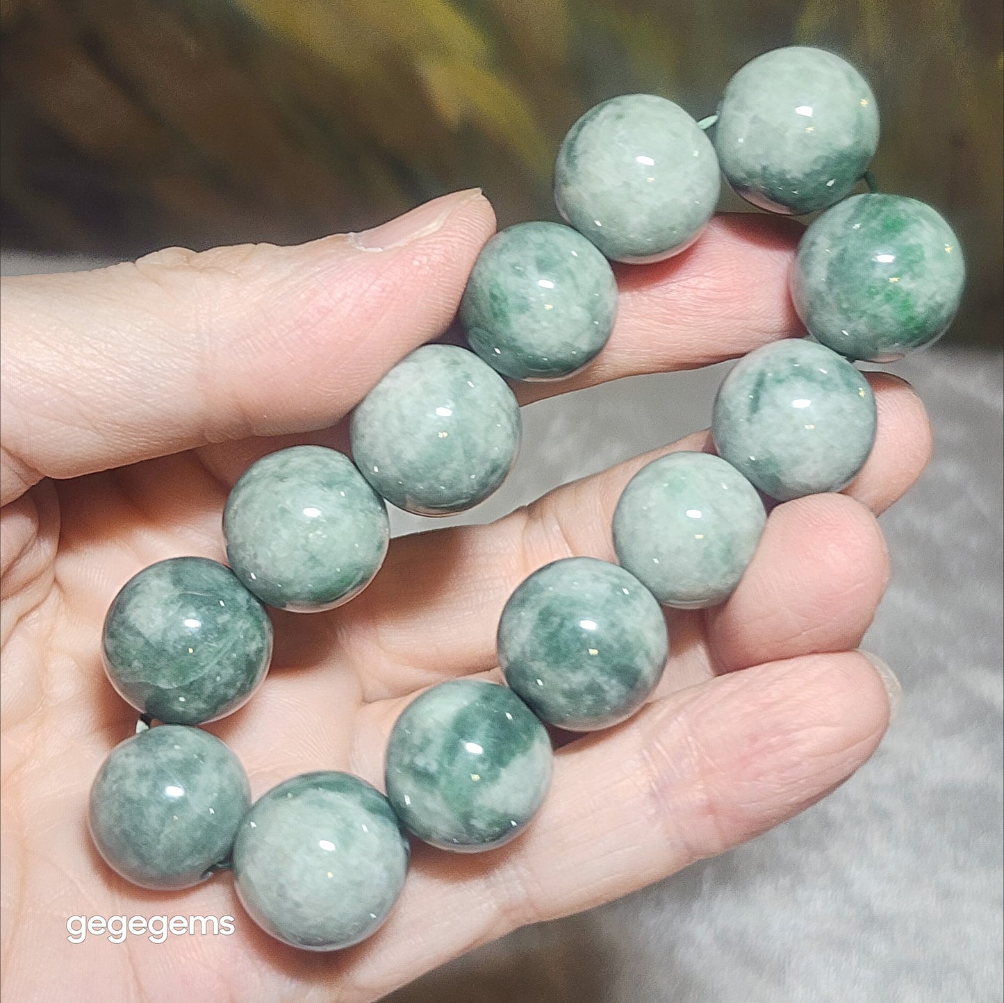 [Reserved C] 16mm Natural untreated Type A Jadeite light green "floating flowers" Jade bracelet (with certificate) 翡翠浅青绿飘花手链(带证书) #2