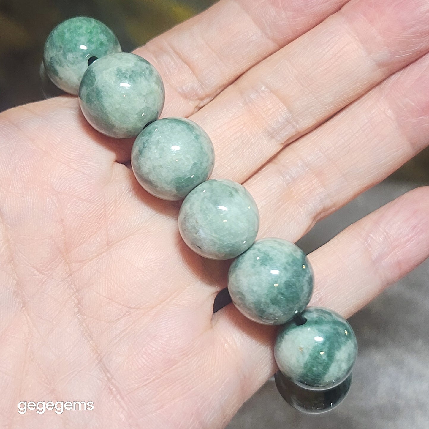 [Reserved C] 16mm Natural untreated Type A Jadeite light green "floating flowers" Jade bracelet (with certificate) 翡翠浅青绿飘花手链(带证书) #2
