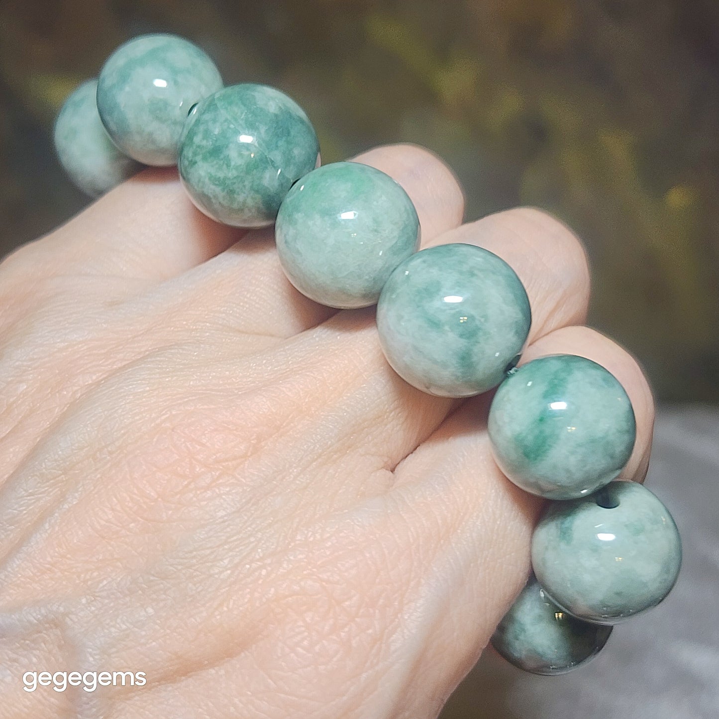 [Reserved C] 16mm Natural untreated Type A Jadeite light green "floating flowers" Jade bracelet (with certificate) 翡翠浅青绿飘花手链(带证书) #2