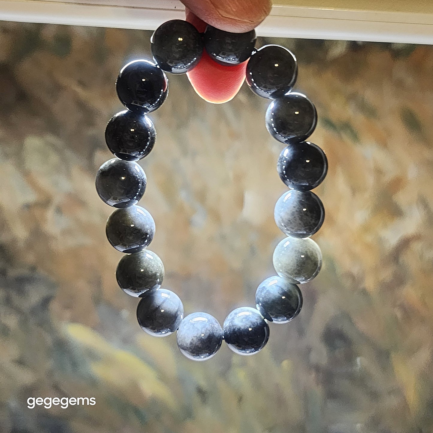Premium 13.3mm Type A Jadeite Black Fowl (black & white) some yellow hue bracelet (with certificate) 优质翡翠A货乌鸡种(黑白相混)微黄翡手链(带证书)