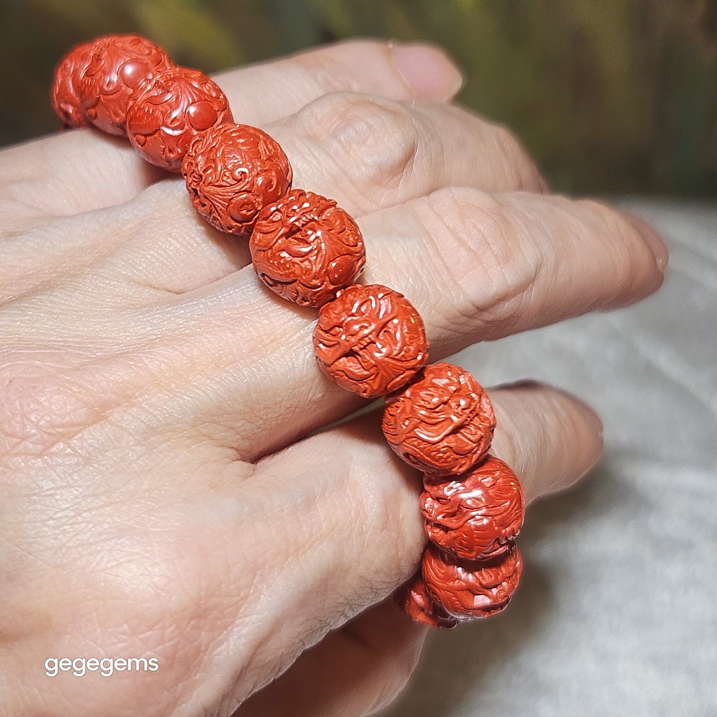 Premium 11.5mm purest natural Cinnabar 3 dimensional carvings Dragon bracelet 精品高纯朱砂立体龙手链