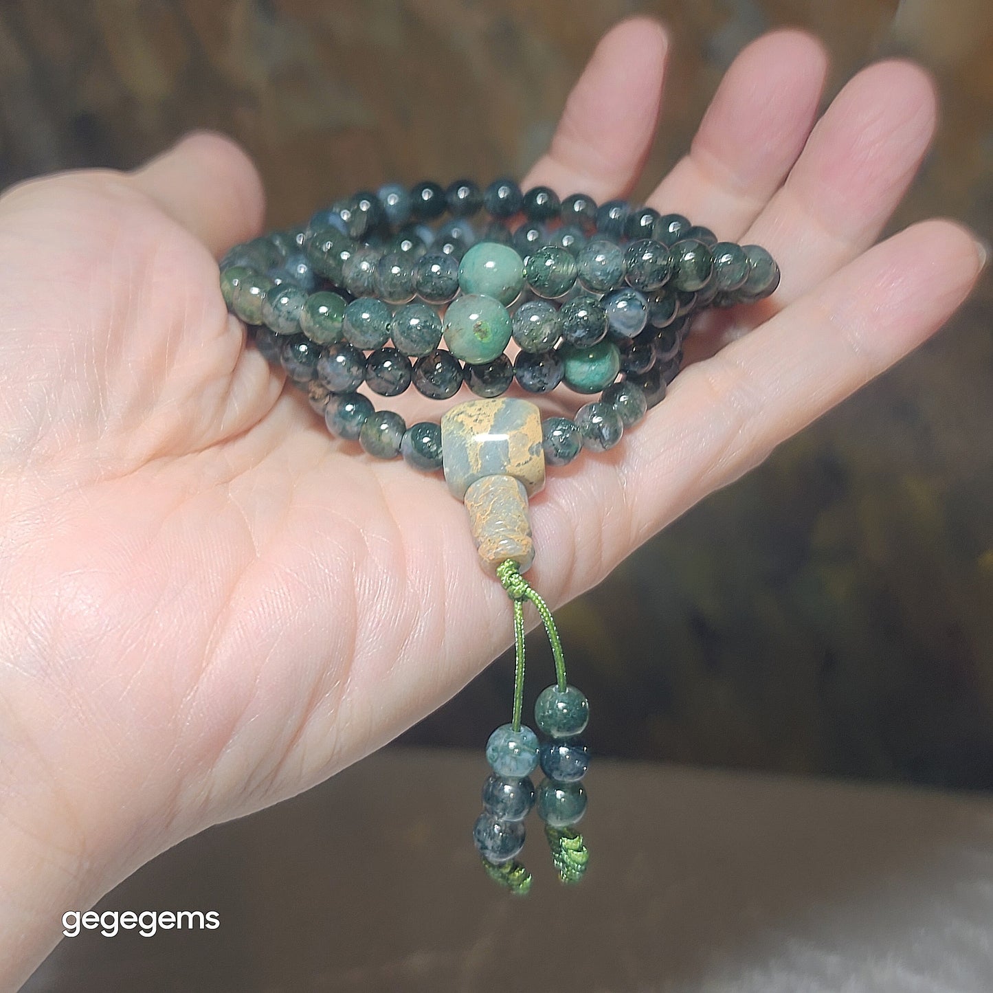 Gegegems premium 6mm 108 Icy Moss Agate Chrysocolla & Shoushan Stone mala necklace [Natural Crystals] 优质天然冰种水草玛瑙凤凰石蛇皮寿山石108念珠项链