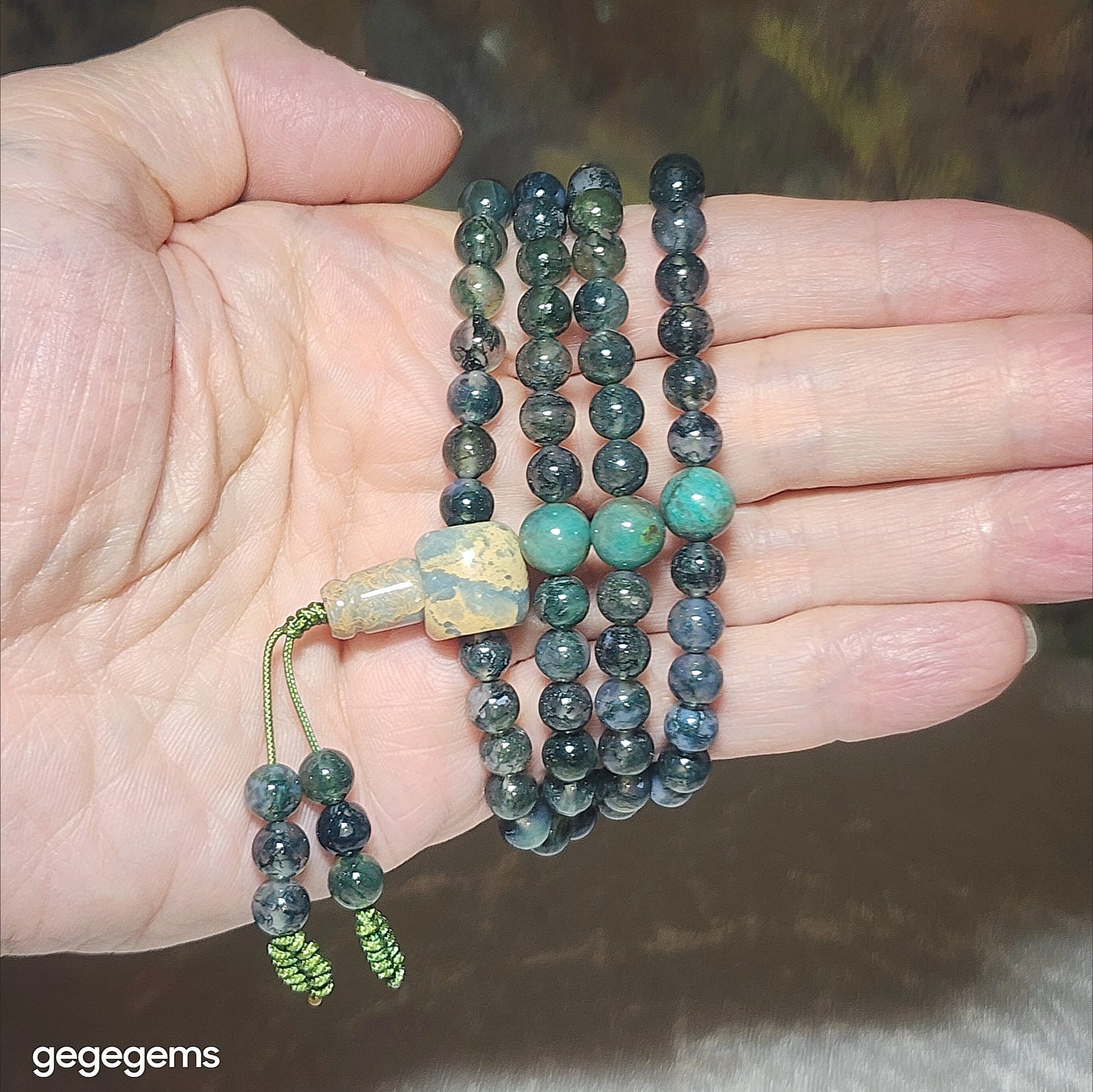 Gegegems premium 6mm 108 Icy Moss Agate Chrysocolla & Shoushan Stone mala necklace [Natural Crystals] 优质天然冰种水草玛瑙凤凰石蛇皮寿山石108念珠项链