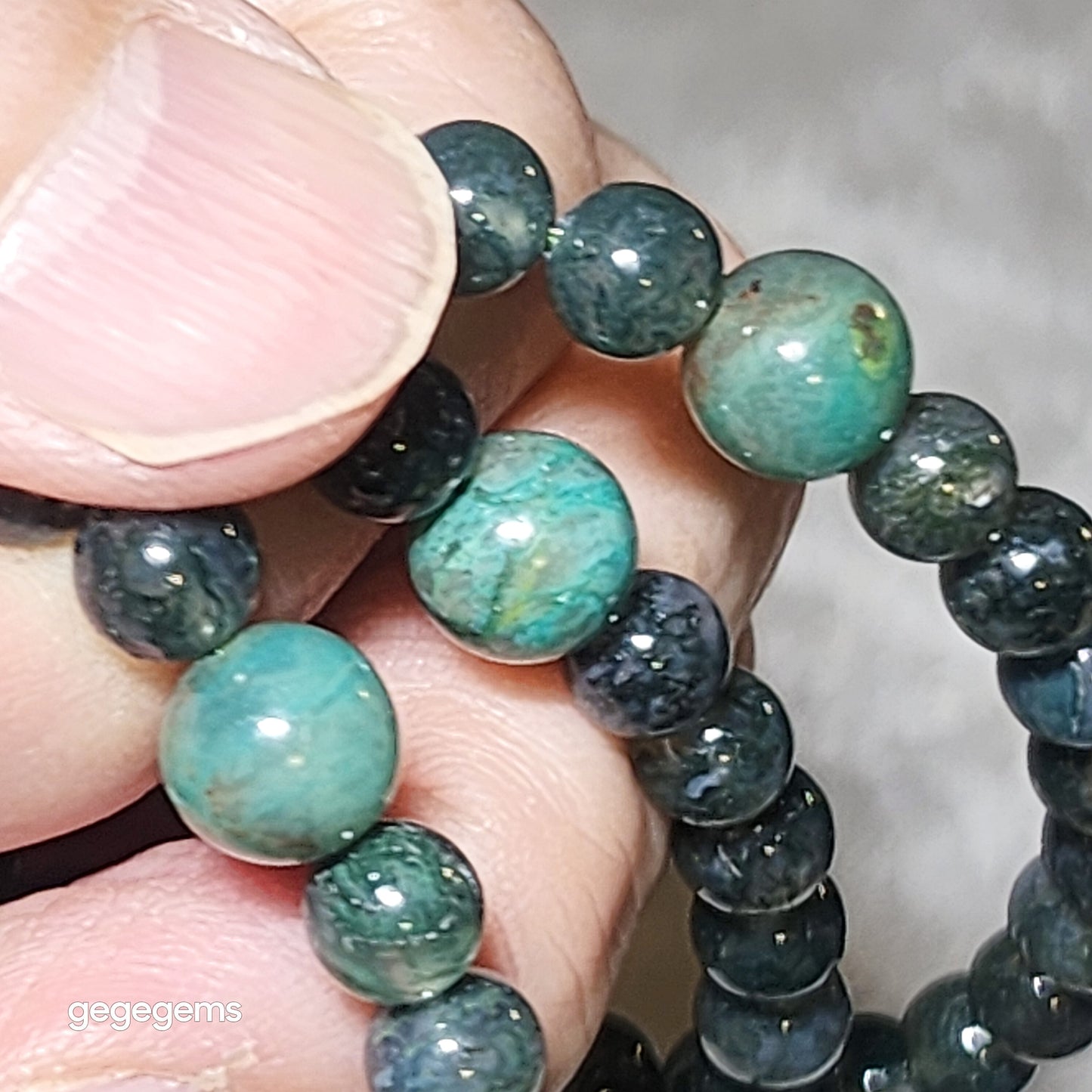 Gegegems premium 6mm 108 Icy Moss Agate Chrysocolla & Shoushan Stone mala necklace [Natural Crystals] 优质天然冰种水草玛瑙凤凰石蛇皮寿山石108念珠项链