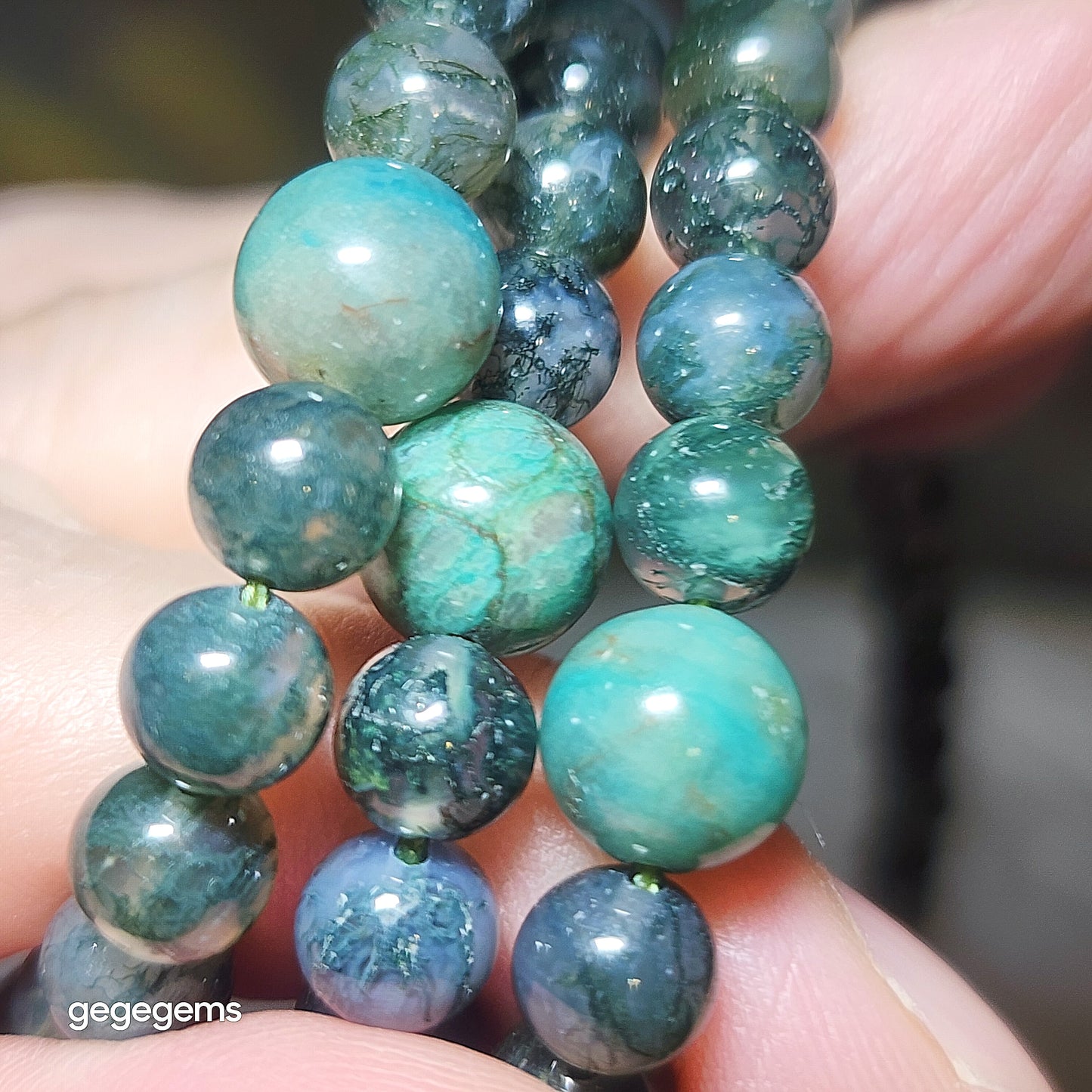 Gegegems premium 6mm 108 Icy Moss Agate Chrysocolla & Shoushan Stone mala necklace [Natural Crystals] 优质天然冰种水草玛瑙凤凰石蛇皮寿山石108念珠项链