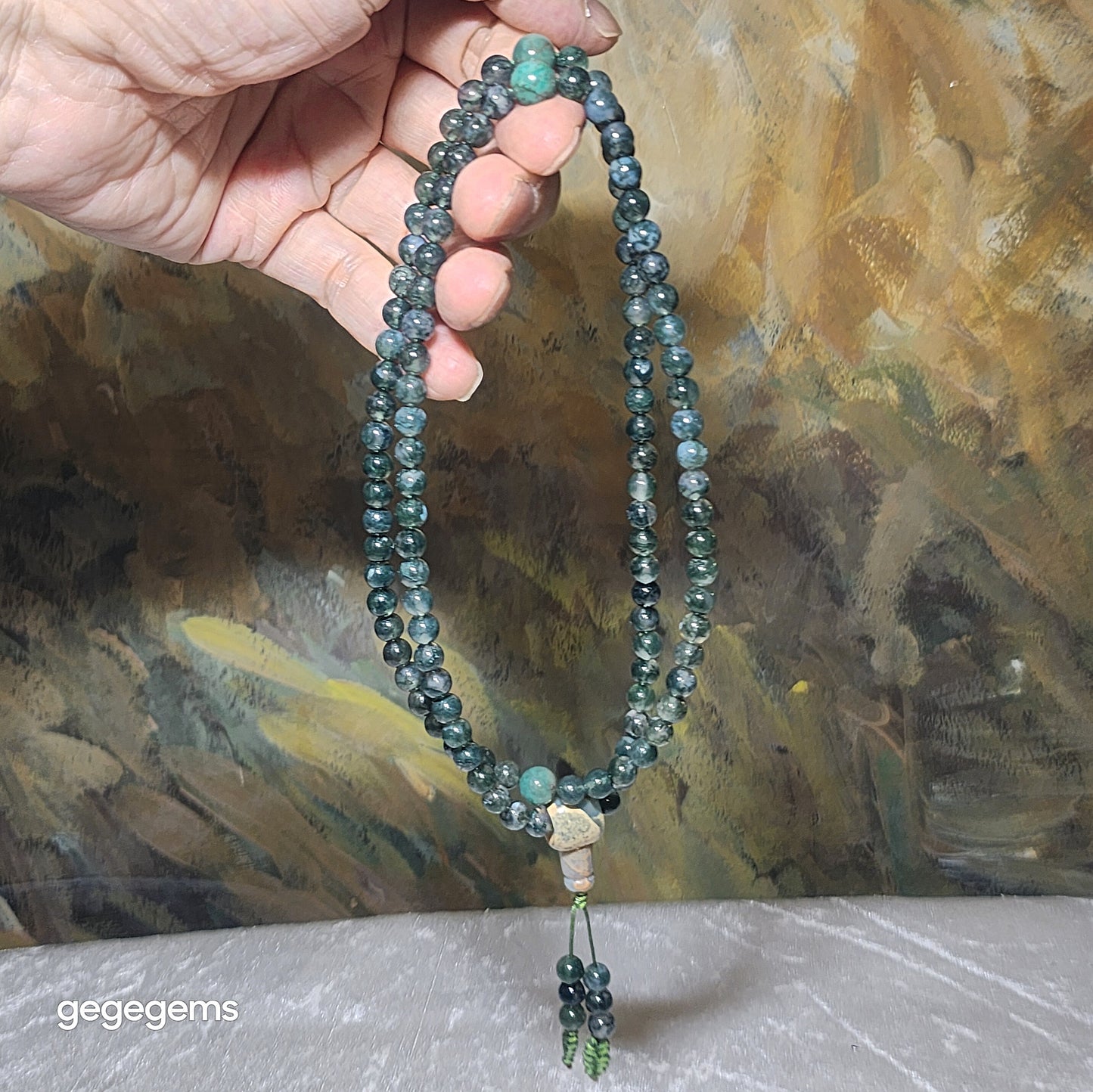Gegegems premium 6mm 108 Icy Moss Agate Chrysocolla & Shoushan Stone mala necklace [Natural Crystals] 优质天然冰种水草玛瑙凤凰石蛇皮寿山石108念珠项链