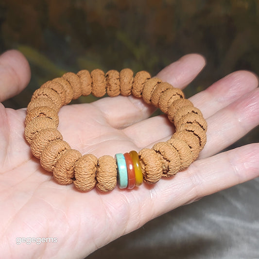 14mm "Mo Pan Lotus Bodhi" natural Nan Hong, Hubei Turquoise and  Butterscotch Amber bracelet 满包磨盘莲花菩提配南红原矿湖北松石蜜腊手链