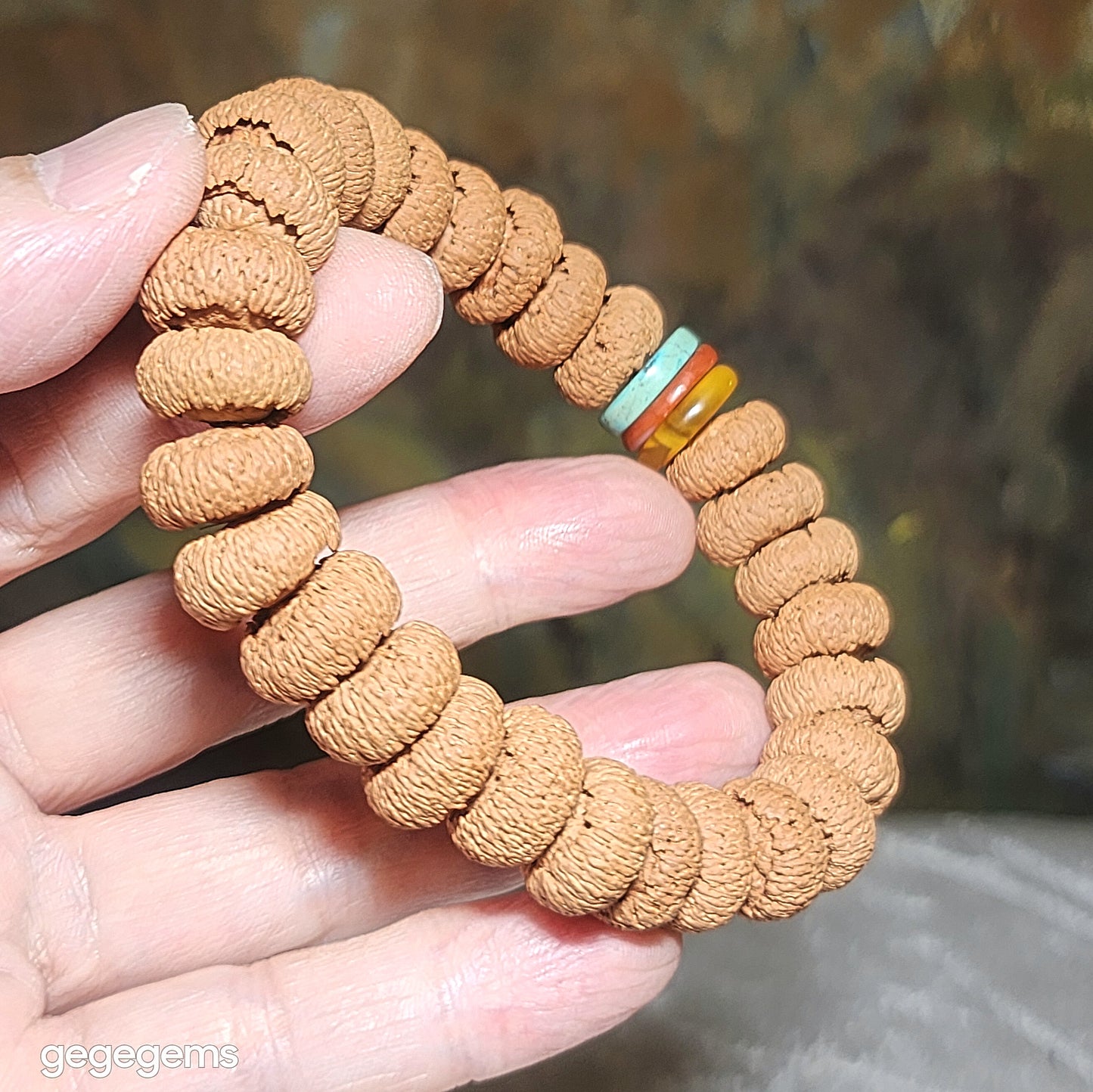 14mm "Mo Pan Lotus Bodhi" natural Nan Hong, Hubei Turquoise and  Butterscotch Amber bracelet 满包磨盘莲花菩提配南红原矿湖北松石蜜腊手链