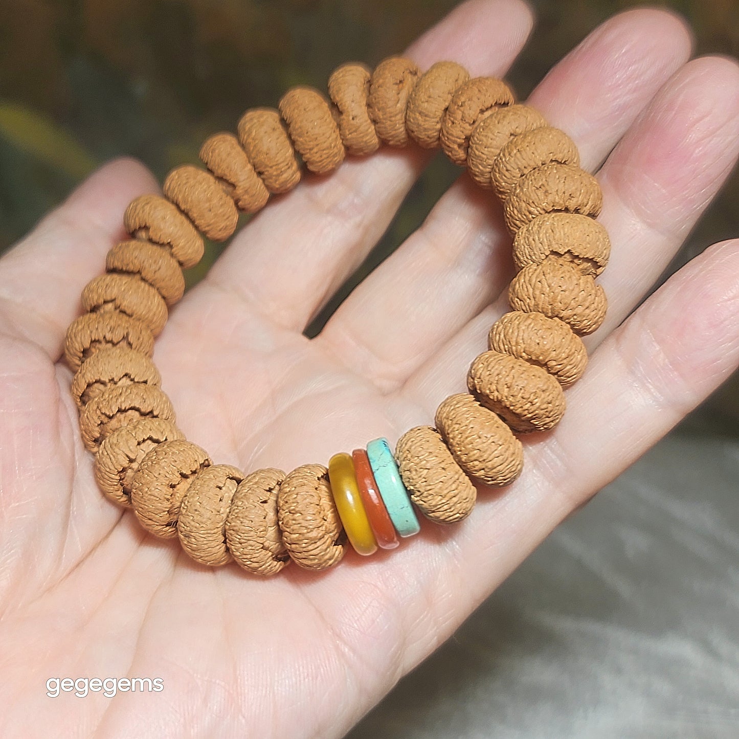 14mm "Mo Pan Lotus Bodhi" natural Nan Hong, Hubei Turquoise and  Butterscotch Amber bracelet 满包磨盘莲花菩提配南红原矿湖北松石蜜腊手链
