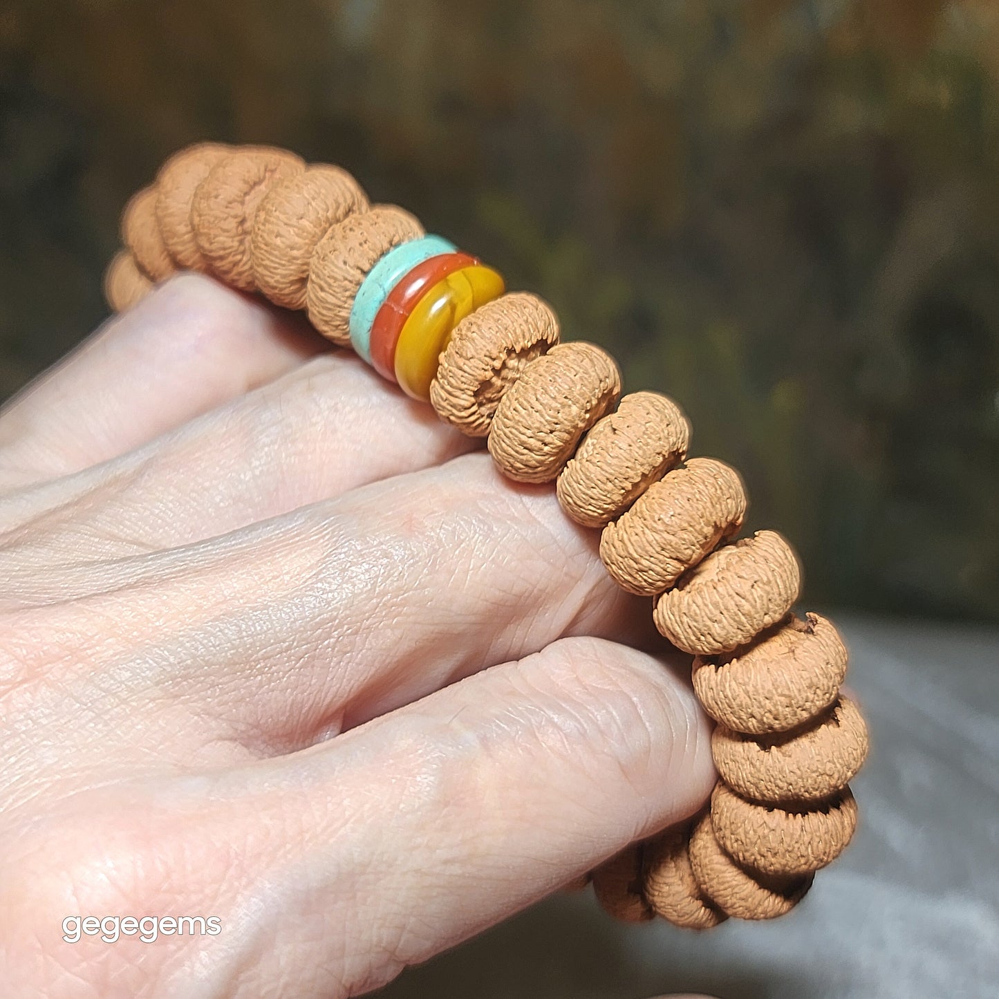 14mm "Mo Pan Lotus Bodhi" natural Nan Hong, Hubei Turquoise and  Butterscotch Amber bracelet 满包磨盘莲花菩提配南红原矿湖北松石蜜腊手链