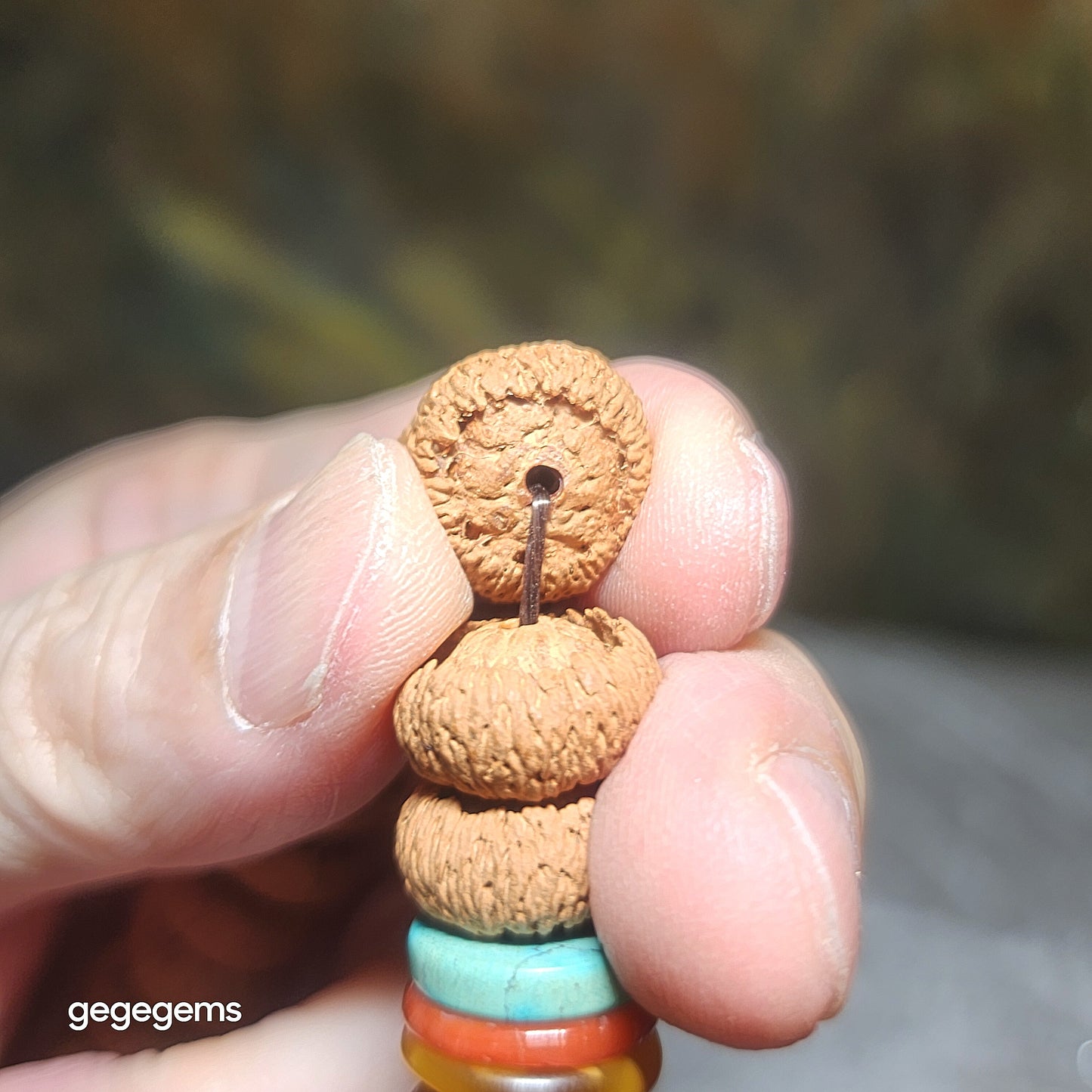 14mm "Mo Pan Lotus Bodhi" natural Nan Hong, Hubei Turquoise and  Butterscotch Amber bracelet 满包磨盘莲花菩提配南红原矿湖北松石蜜腊手链