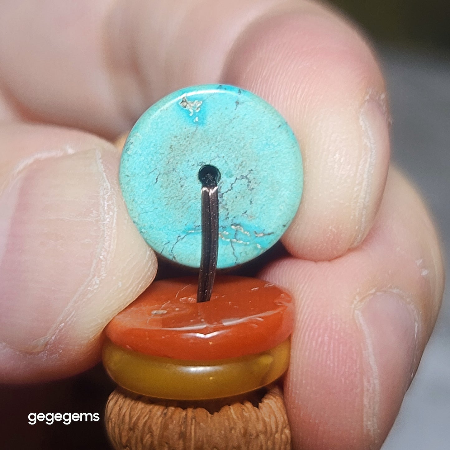 14mm "Mo Pan Lotus Bodhi" natural Nan Hong, Hubei Turquoise and  Butterscotch Amber bracelet 满包磨盘莲花菩提配南红原矿湖北松石蜜腊手链